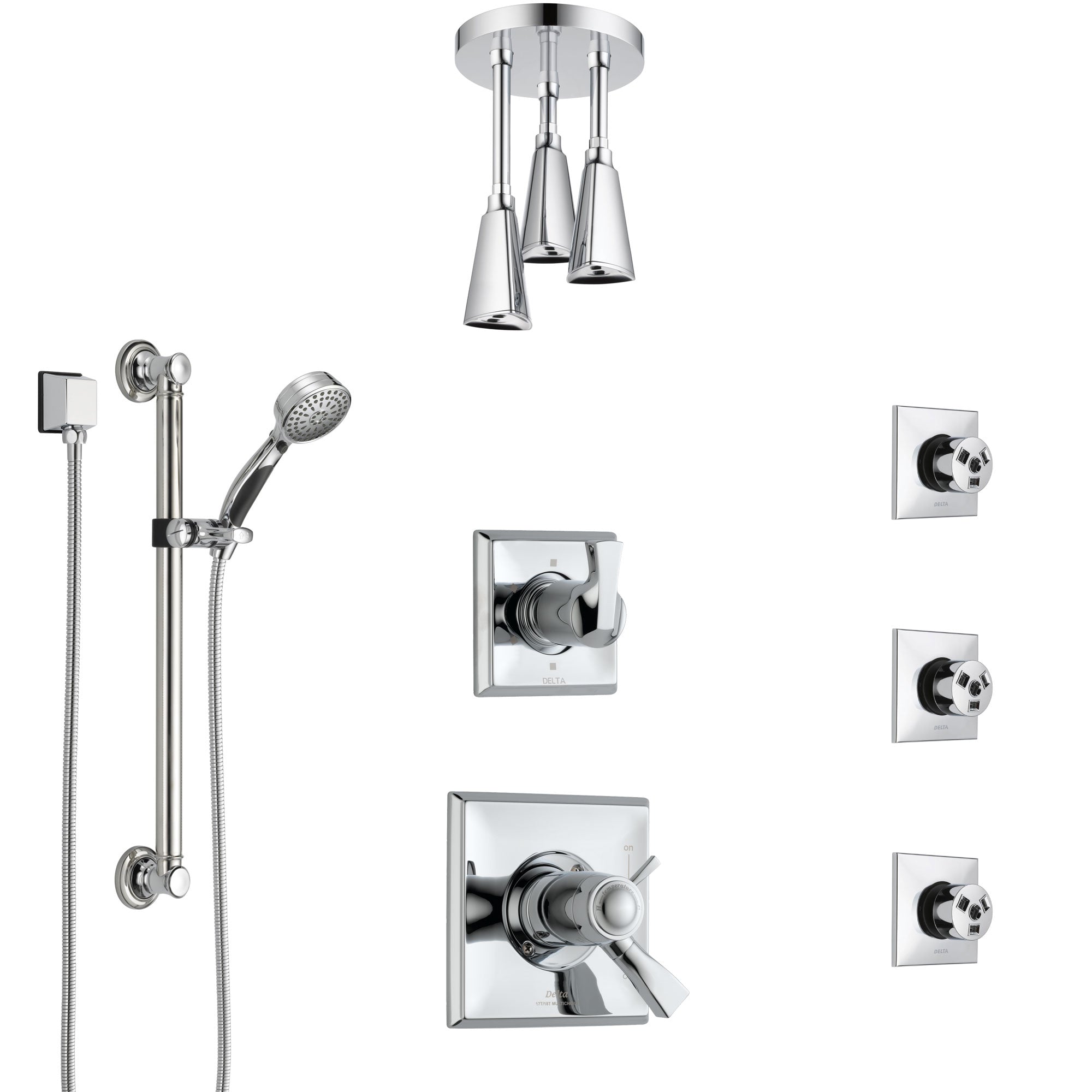Delta Dryden Chrome Shower System with Dual Thermostatic Control, Diverter, Ceiling Showerhead, 3 Body Sprays, and Grab Bar Hand Shower SS17T5123