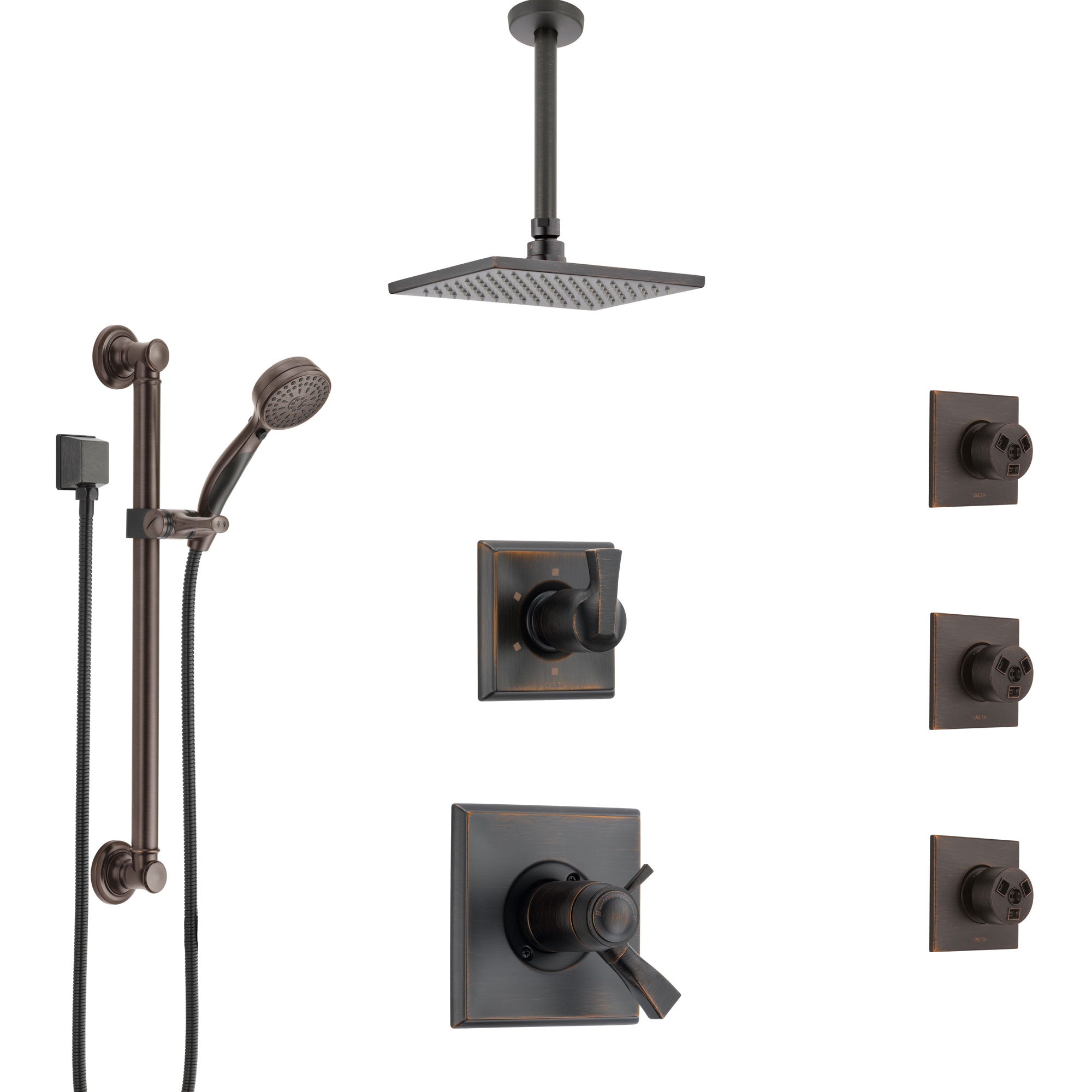 Delta Dryden Venetian Bronze Dual Thermostatic Control Shower System, Diverter, Ceiling Showerhead, 3 Body Sprays, and Grab Bar Hand Spray SS17T512RB4