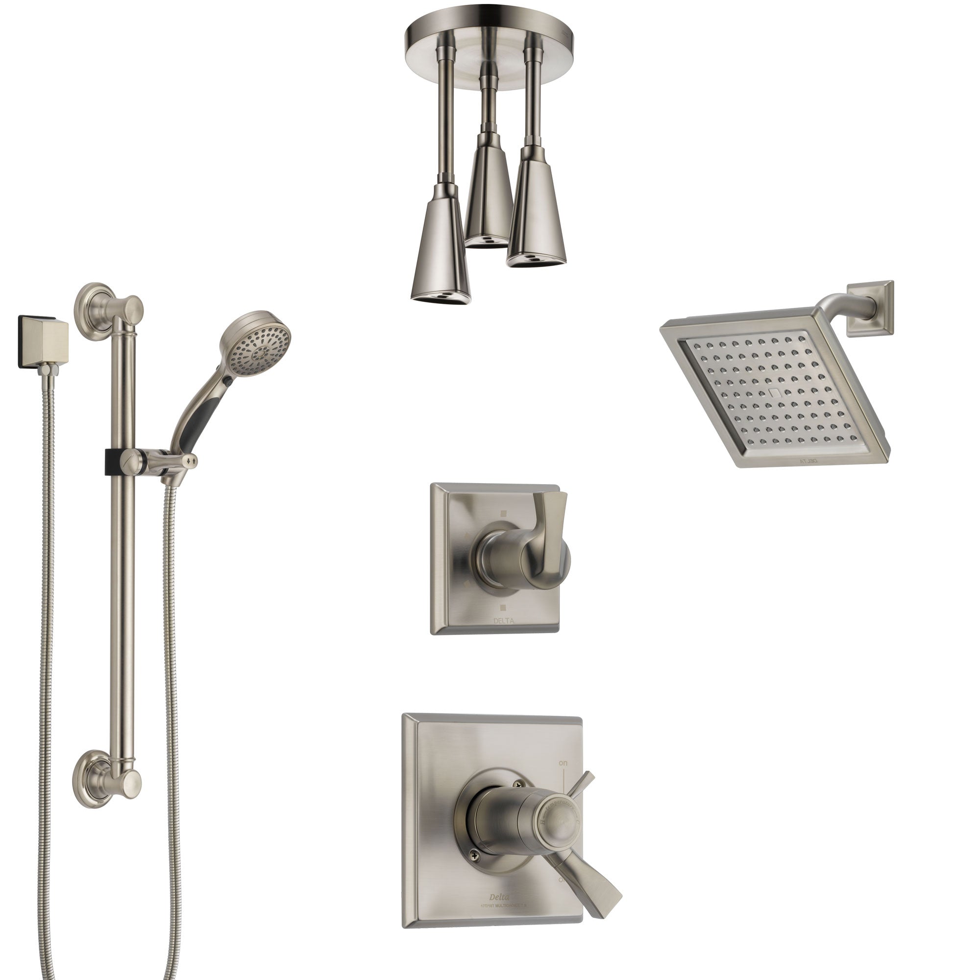 Delta Dryden Dual Thermostatic Control Stainless Steel Finish Shower System, Diverter, Showerhead, Ceiling Showerhead, Grab Bar Hand Spray SS17T512SS2