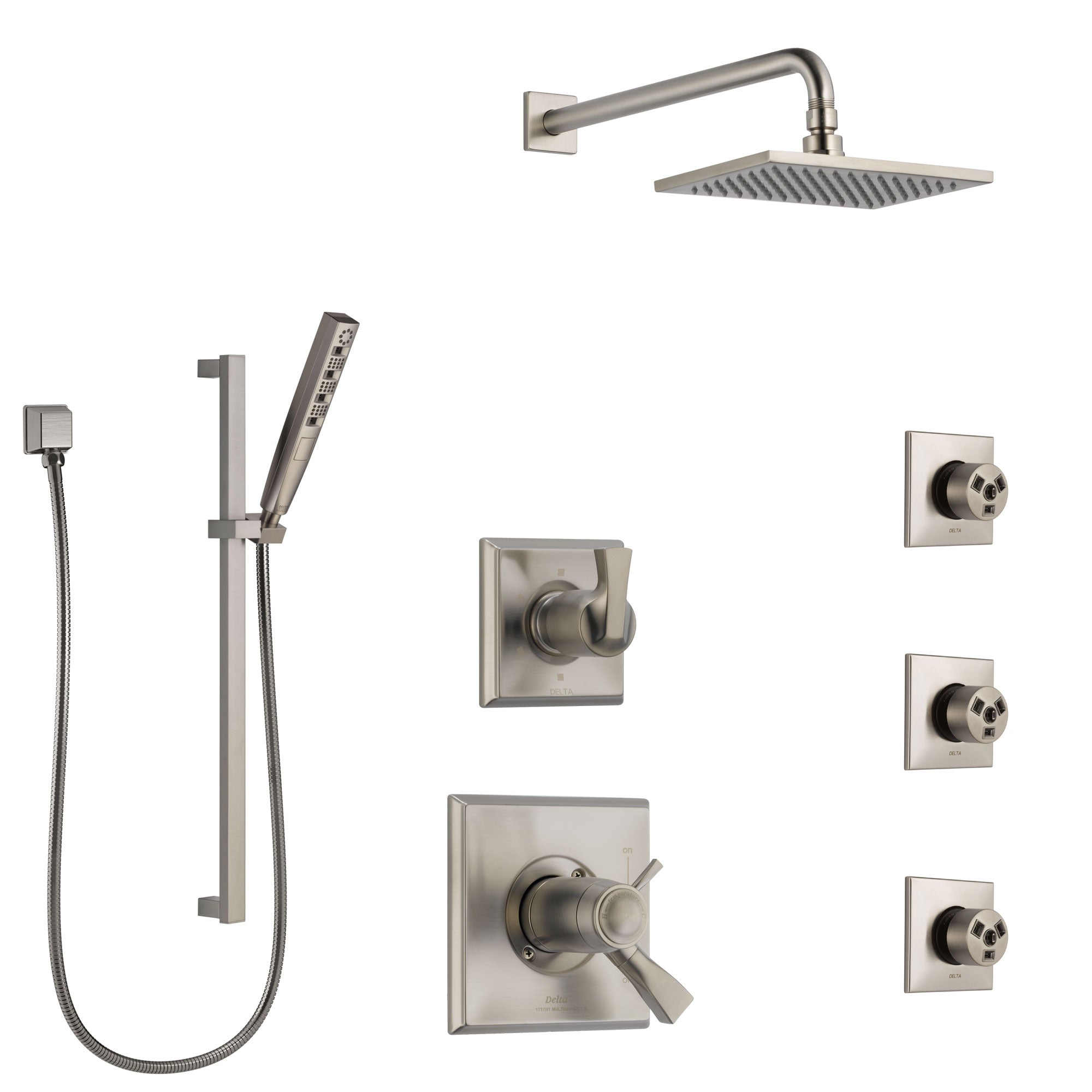 Delta Dryden Dual Thermostatic Control Stainless Steel Finish Shower System, Diverter, Showerhead, 3 Body Sprays, and Hand Shower SS17T512SS7
