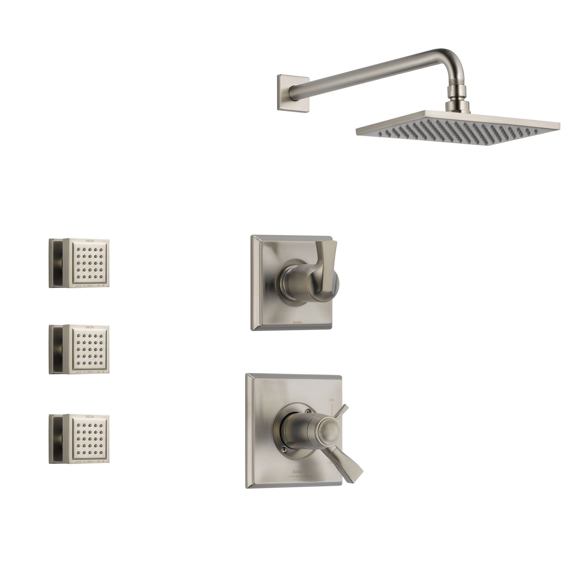 Delta Dryden Stainless Steel Shower System with Thermostatic Shower Handle, 3-setting Diverter, Large Square Rain Showerhead, and 3 Modern Body Sprays SS17T5183SS