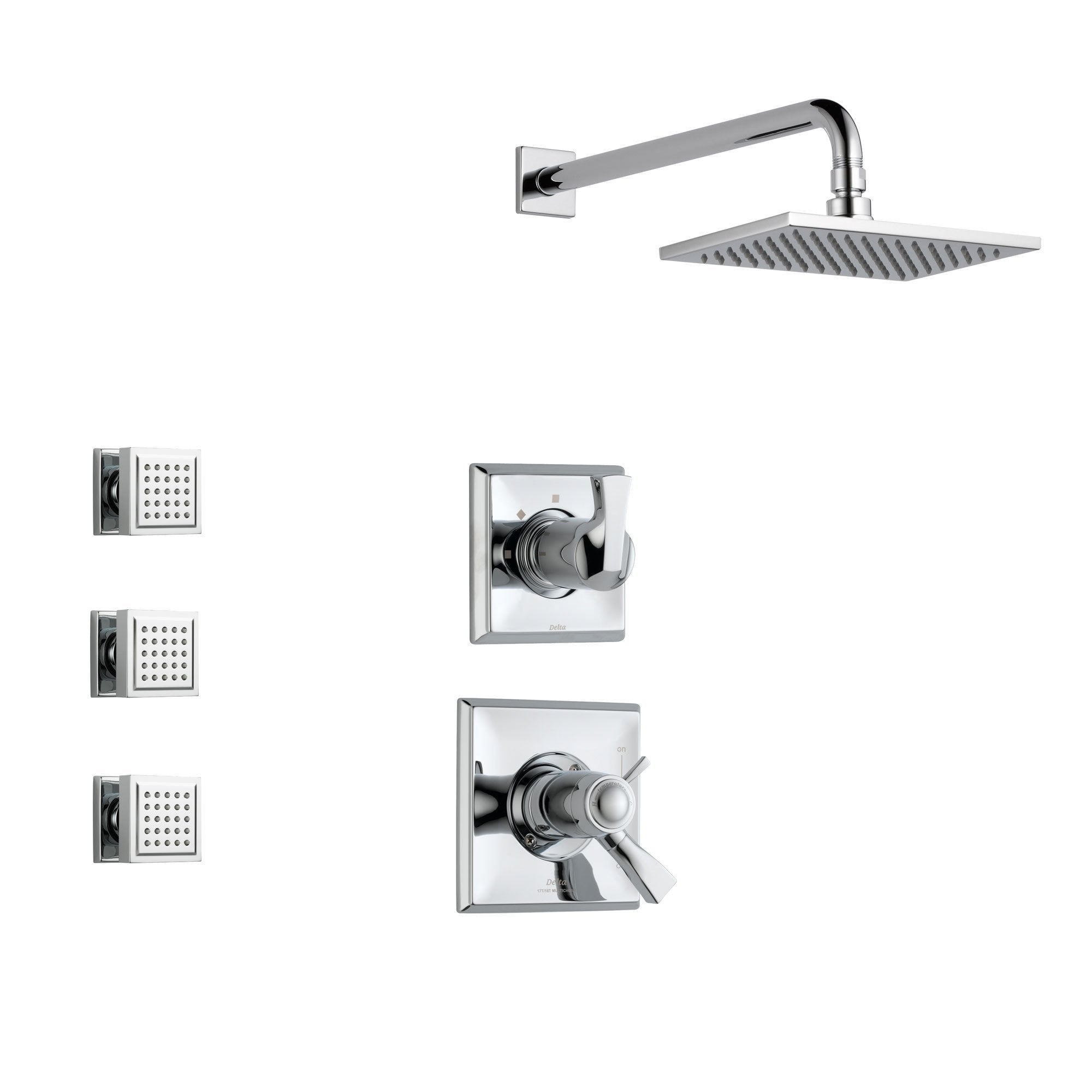 Delta Dryden Chrome Shower System with Thermostatic Shower Handle, 3-setting Diverter, Large Square Modern Rain Showerhead, and 3 Body Sprays SS17T5183