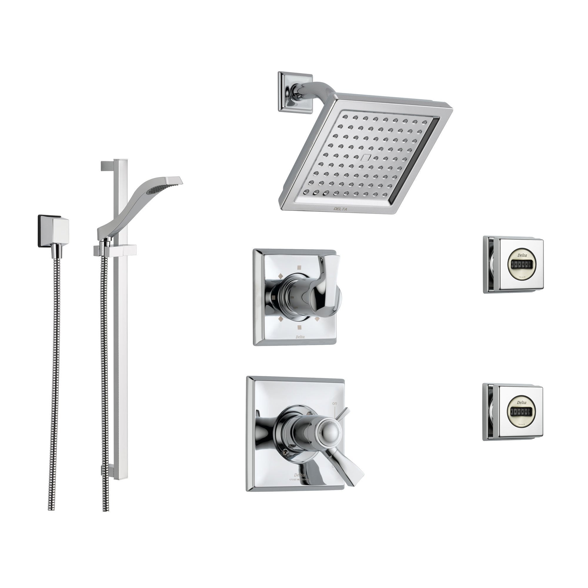 Delta Dryden Chrome Shower System with Thermostatic Shower Handle, 6-setting Diverter, Modern Square Showerhead, Handheld Shower, and 2 Body Sprays SS17T5191