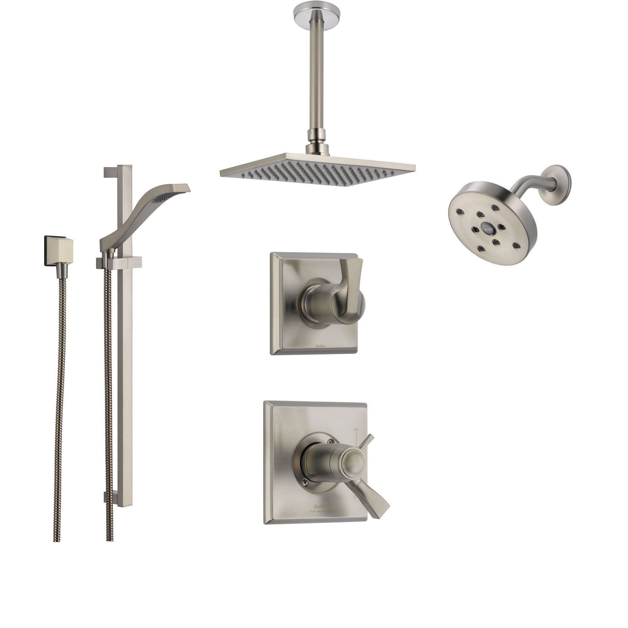 Delta Dryden Stainless Steel Shower System with Thermostatic Shower Handle, 6-setting Diverter, Large Square Ceiling Mount Showerhead, Handheld Shower, and Wall Mount Showerhead SS17T5193SS