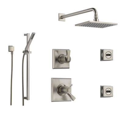 Delta Dryden Stainless Steel Shower System with Thermostatic Shower Handle, 6-setting Diverter, Modern Square Rain Showerhead, Hand Held Shower, and 2 Body Sprays SS17T5194SS