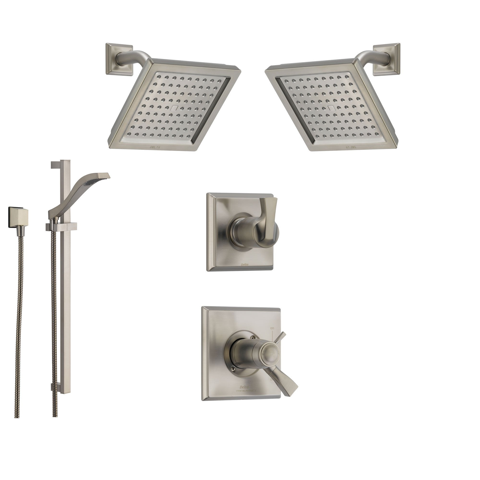 Delta Dryden Stainless Steel Shower System with Thermostatic Shower Handle, 6-setting Diverter, 2 Modern Square Showerheads, and Handheld Shower SS17T5195SS