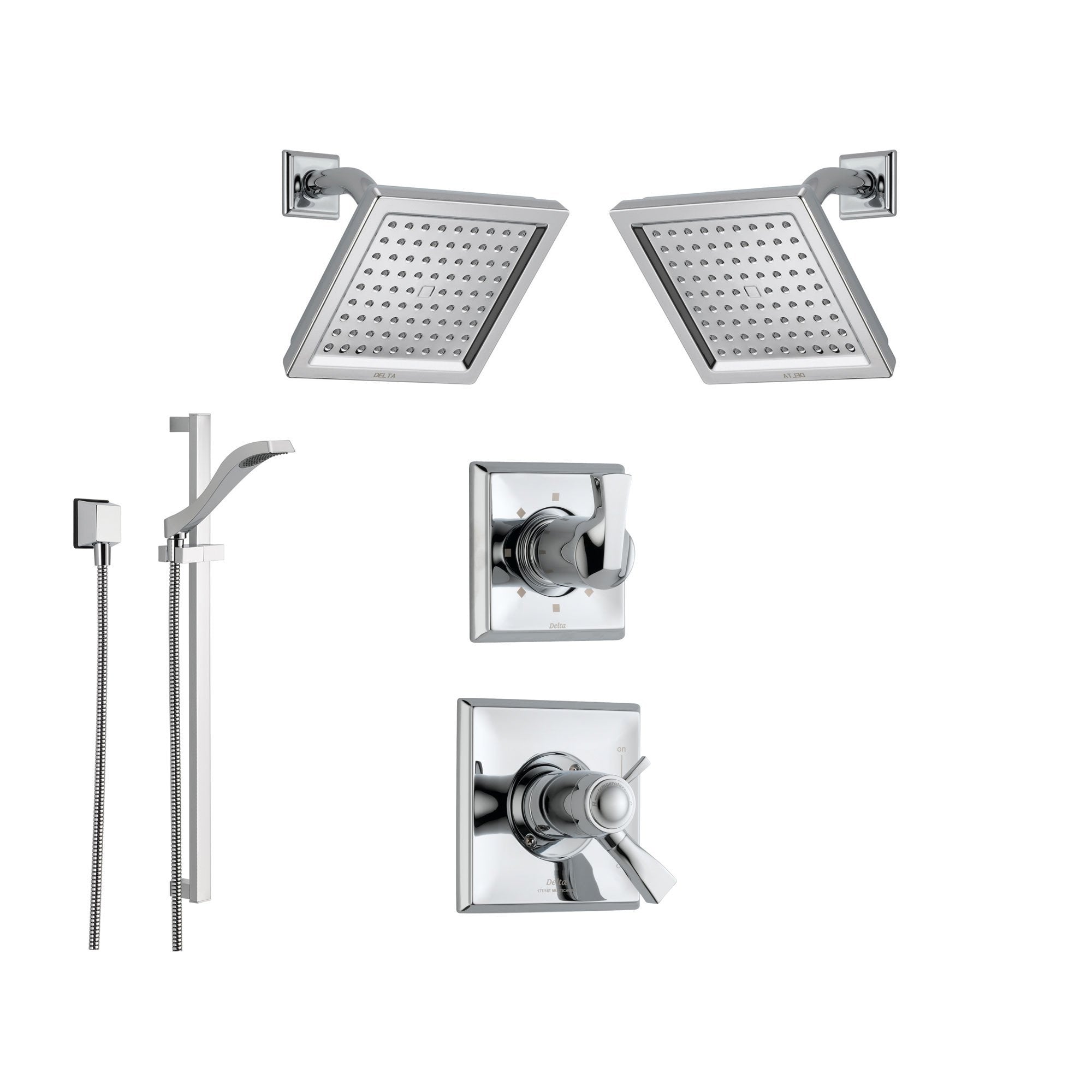 Delta Dryden Chrome Shower System with Thermostatic Shower Handle, 6-setting Diverter, 2 Modern Square Showerheads, and Handheld Shower SS17T5195