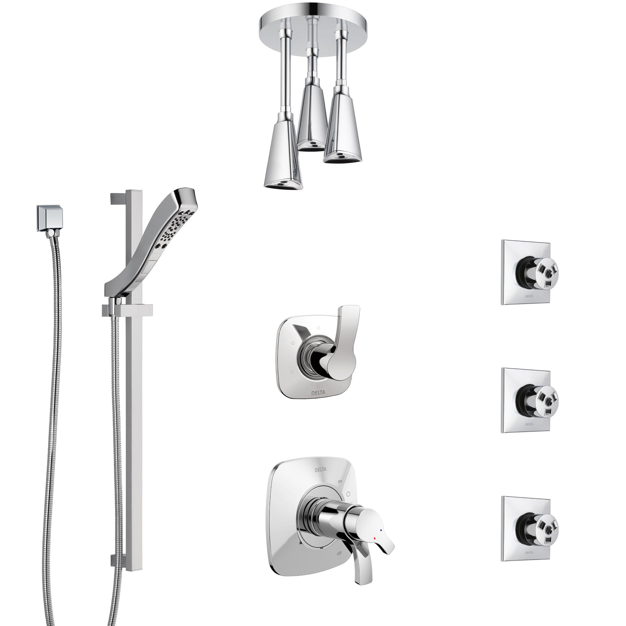 Delta Tesla Chrome Shower System with Dual Thermostatic Control, Diverter, Ceiling Mount Showerhead, 3 Body Sprays, and Hand Shower SS17T5213