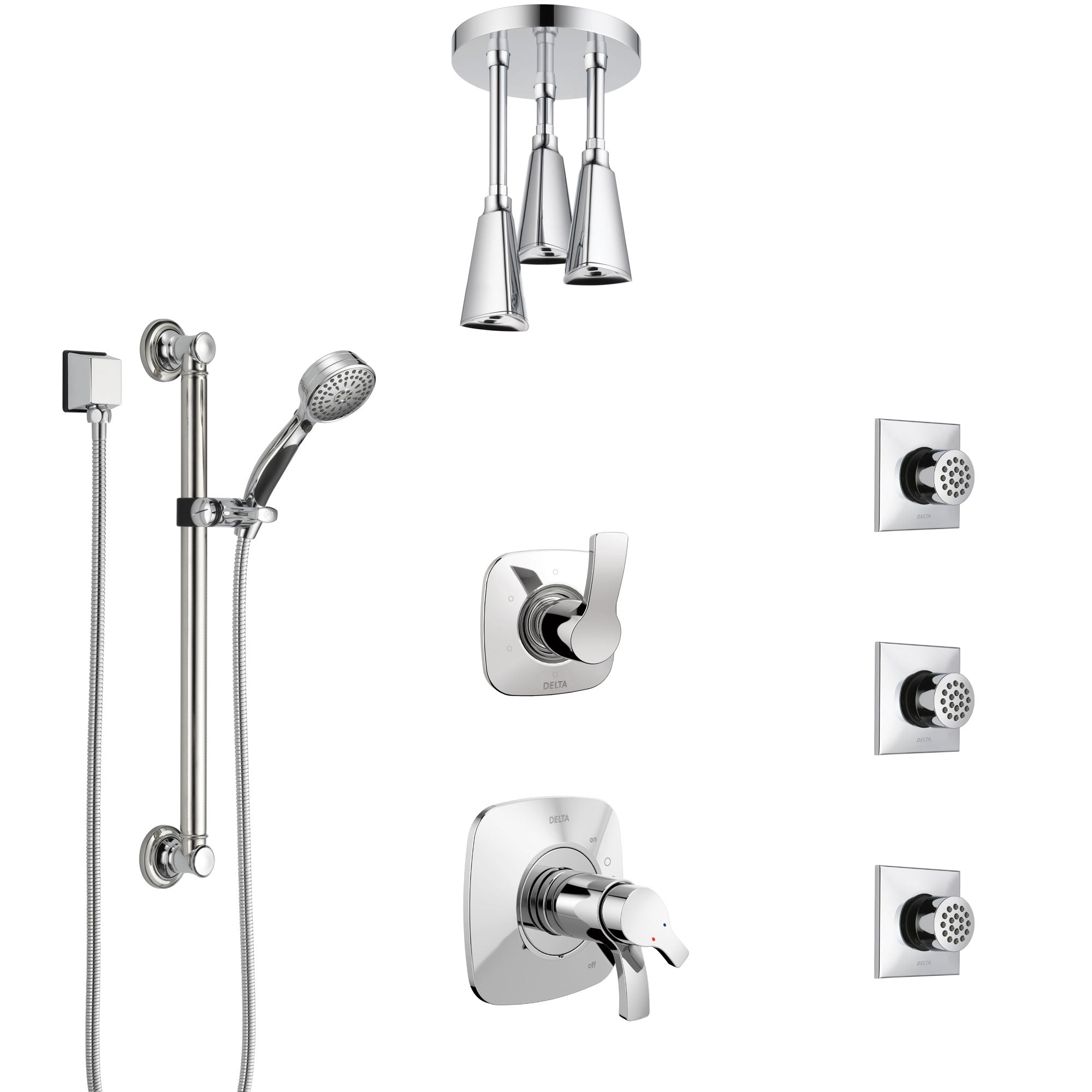 Delta Tesla Chrome Shower System with Dual Thermostatic Control, Diverter, Ceiling Mount Showerhead, 3 Body Sprays, and Grab Bar Hand Shower SS17T5215