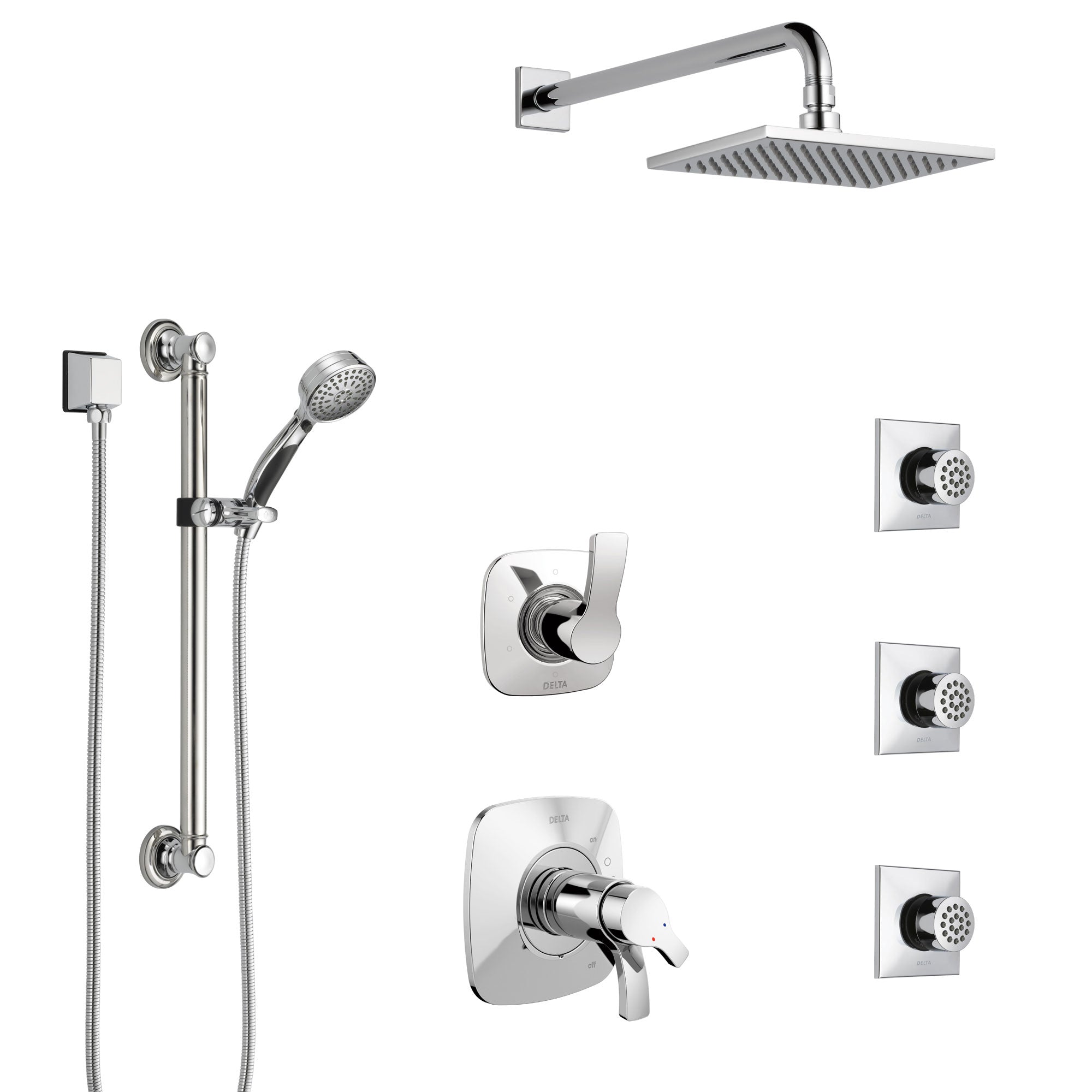 Delta Tesla Chrome Shower System with Dual Thermostatic Control, Diverter, Showerhead, 3 Body Sprays, and Hand Shower with Grab Bar SS17T5216