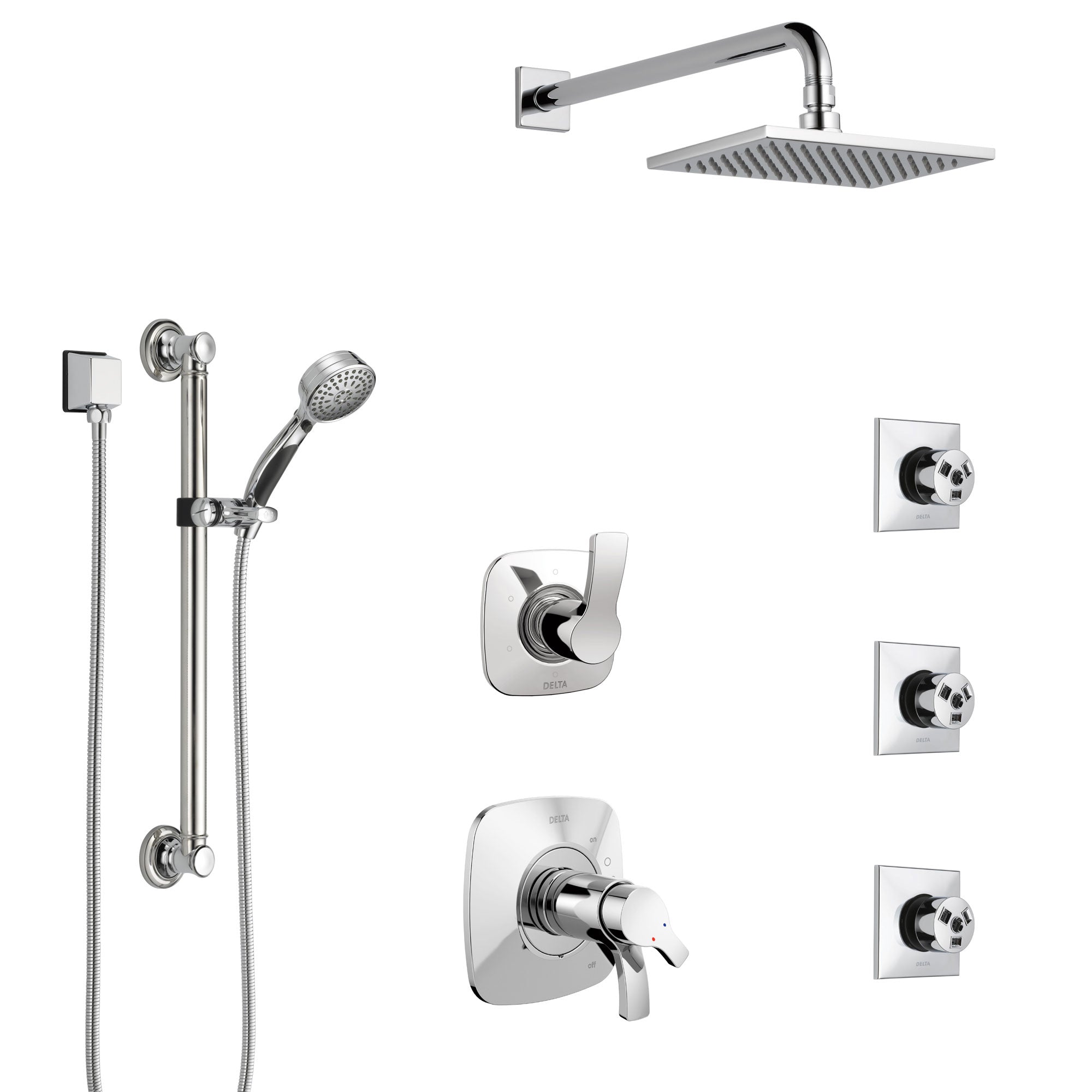 Delta Tesla Chrome Shower System with Dual Thermostatic Control, Diverter, Showerhead, 3 Body Sprays, and Hand Shower with Grab Bar SS17T5217
