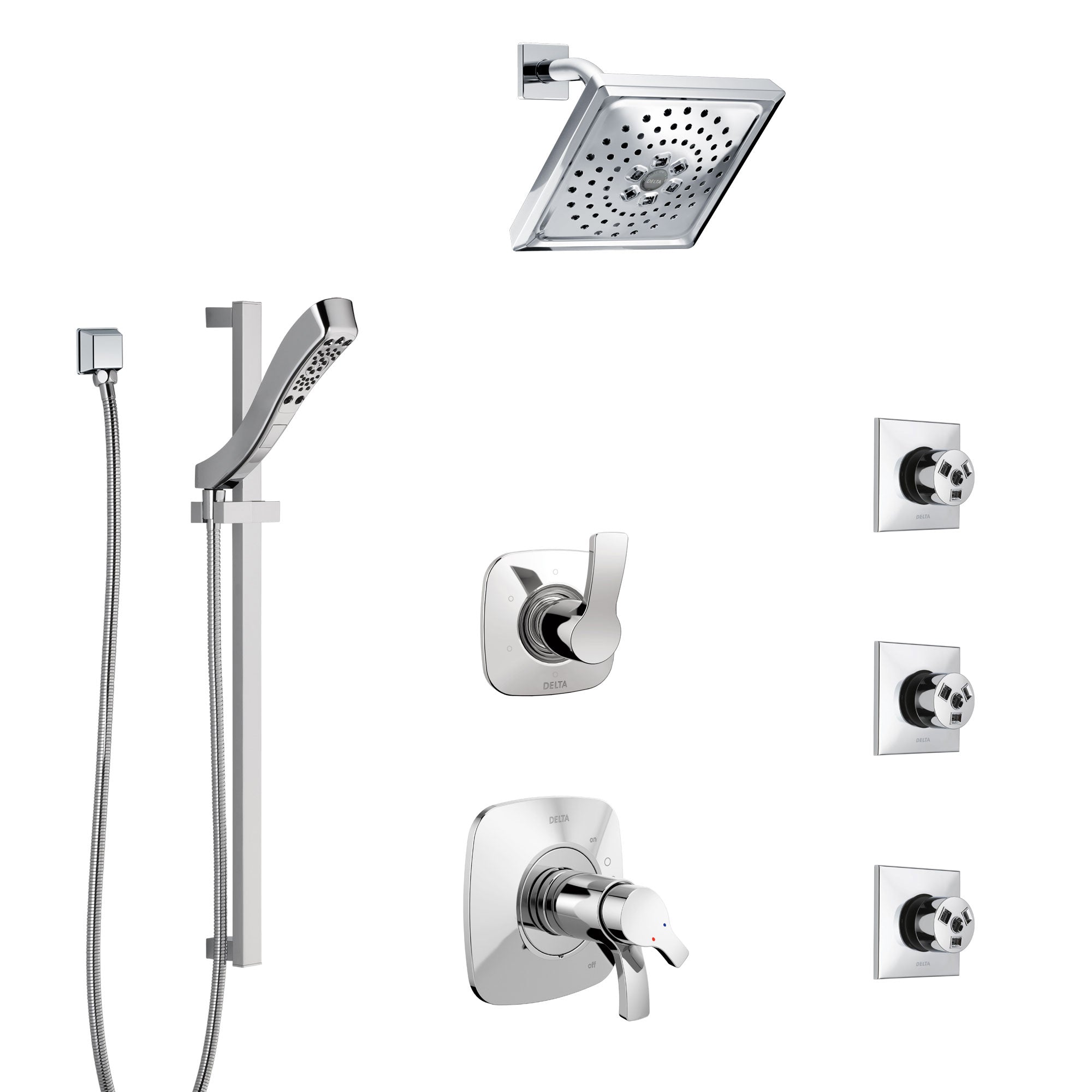 Delta Tesla Chrome Shower System with Dual Thermostatic Control Handle, 6-Setting Diverter, Showerhead, 3 Body Sprays, and Hand Shower SS17T5218