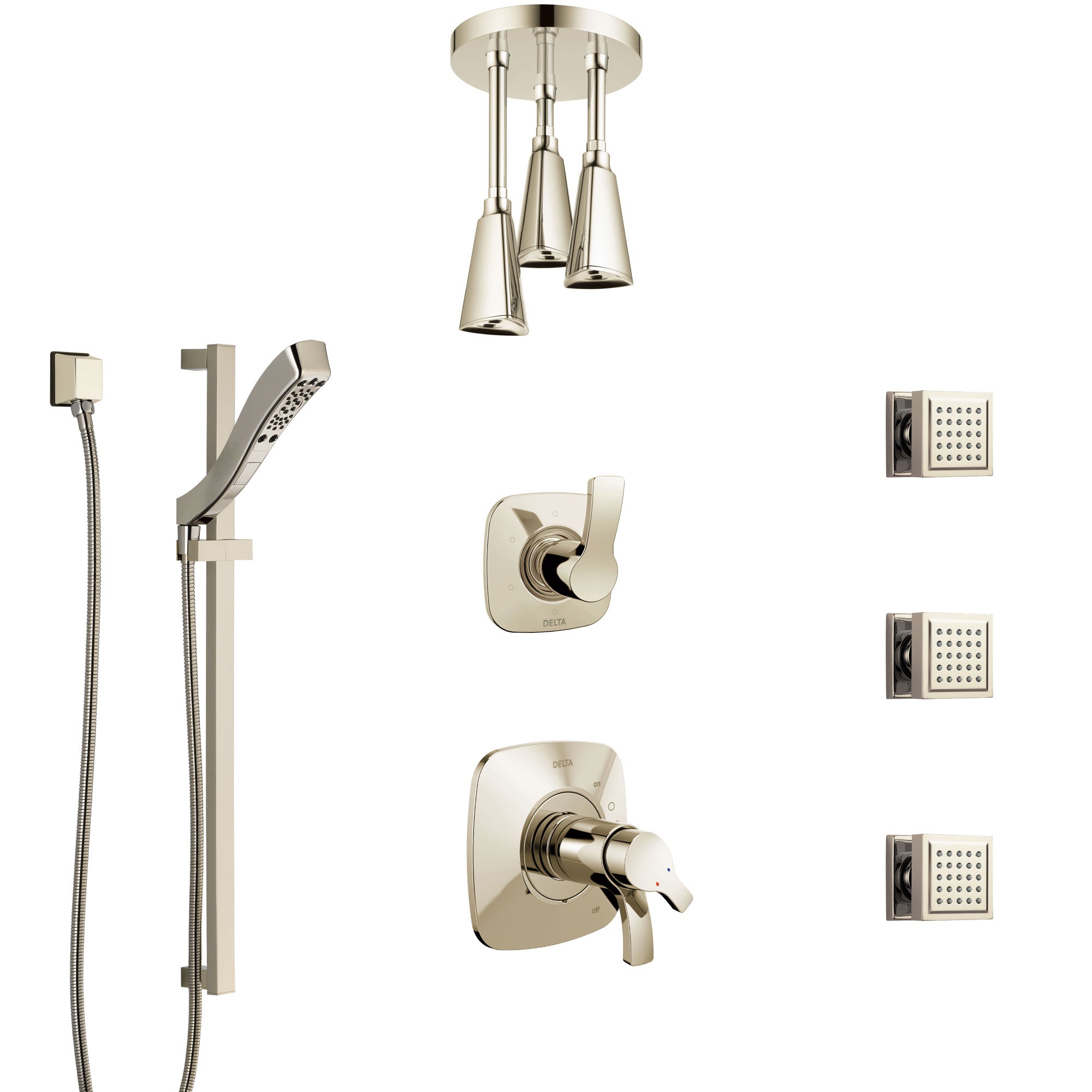 Delta Tesla Polished Nickel Shower System with Dual Thermostatic Control, Diverter, Ceiling Showerhead, 3 Body Sprays, and Hand Shower SS17T521PN1