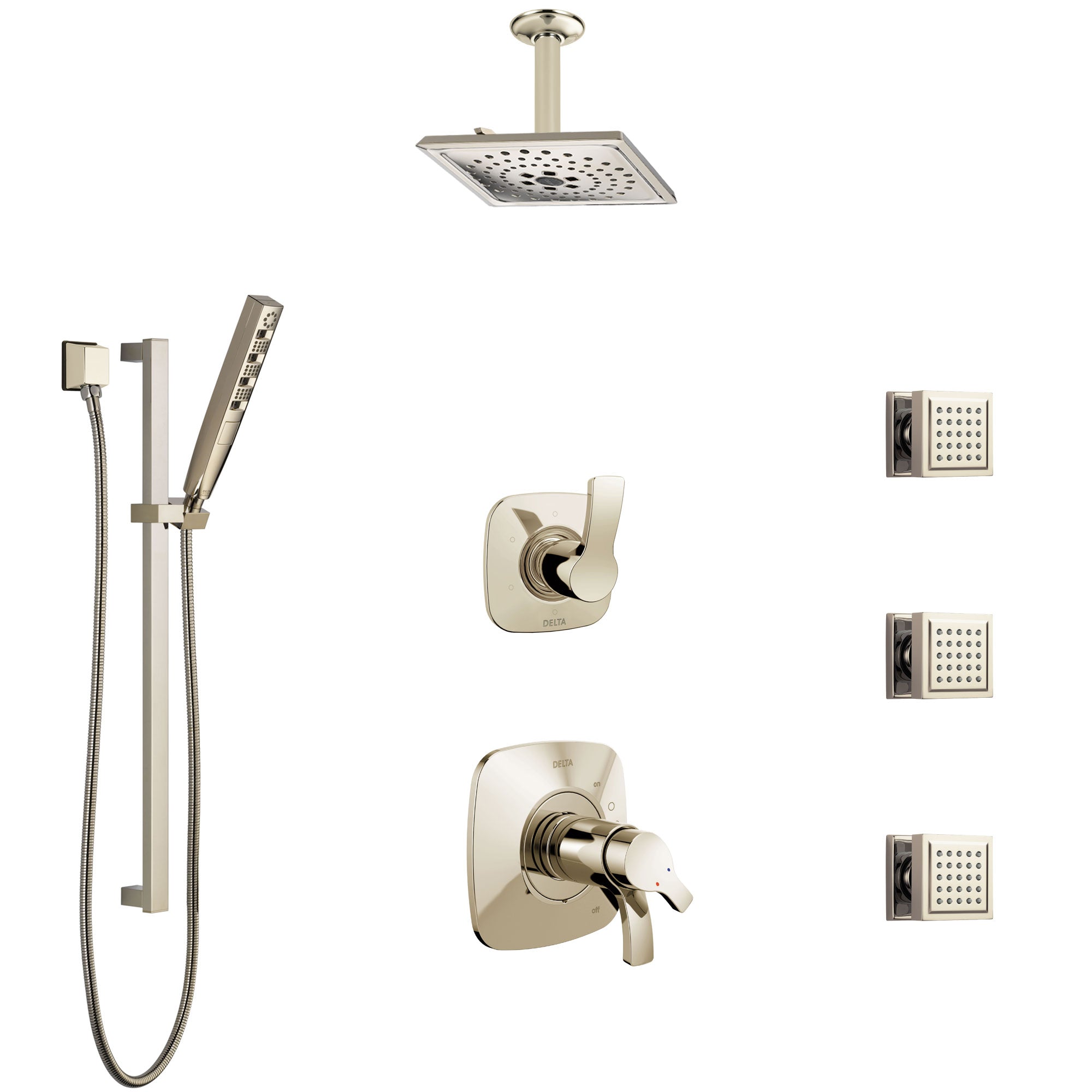Delta Tesla Polished Nickel Shower System with Dual Thermostatic Control, Diverter, Ceiling Showerhead, 3 Body Sprays, and Hand Shower SS17T521PN3