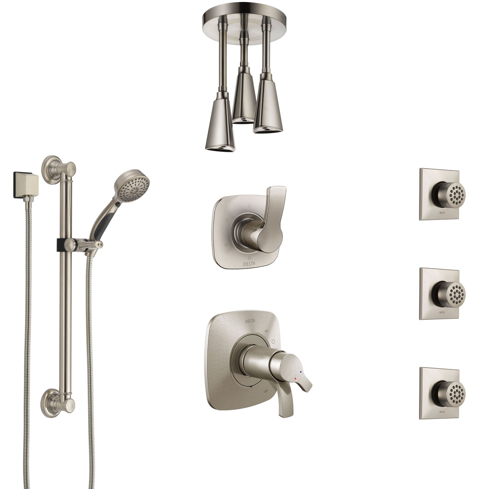 Delta Tesla Dual Thermostatic Control Stainless Steel Finish Shower System, Diverter, Ceiling Showerhead, 3 Body Jets, Grab Bar Hand Spray SS17T521SS2