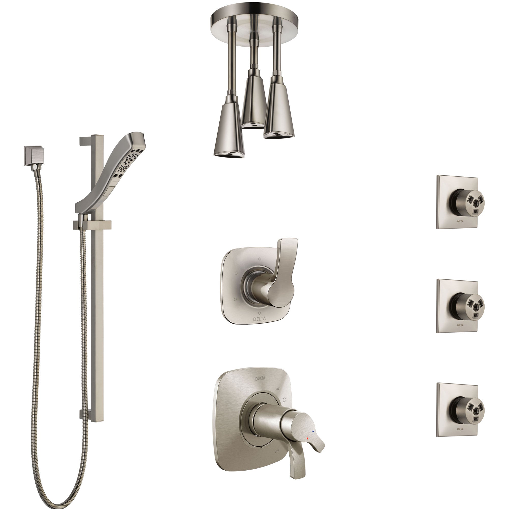 Delta Tesla Dual Thermostatic Control Stainless Steel Finish Shower System, Diverter, Ceiling Showerhead, 3 Body Sprays, and Hand Shower SS17T521SS4