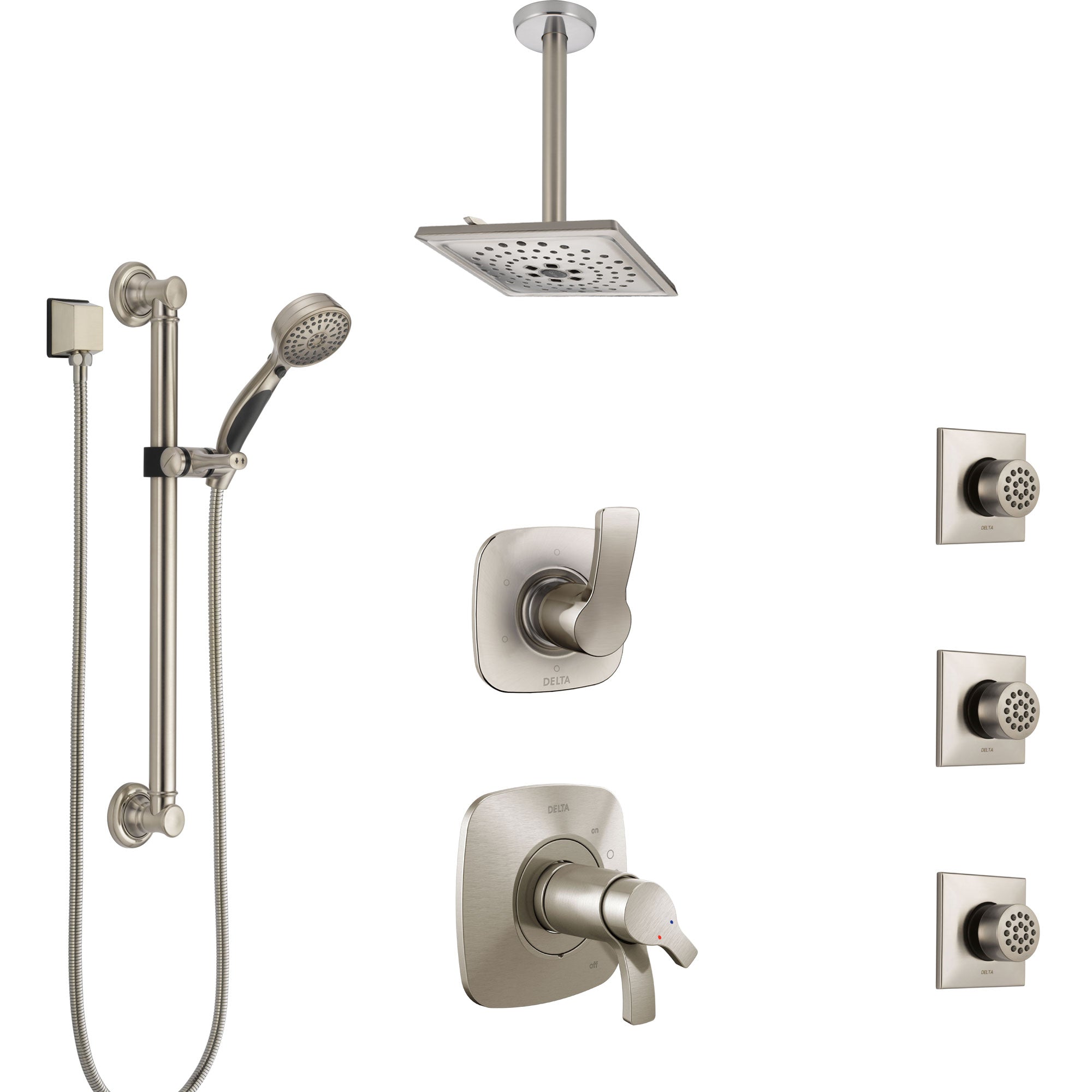 Delta Tesla Dual Thermostatic Control Stainless Steel Finish Shower System, Diverter, Ceiling Showerhead, 3 Body Jets, Grab Bar Hand Spray SS17T521SS8