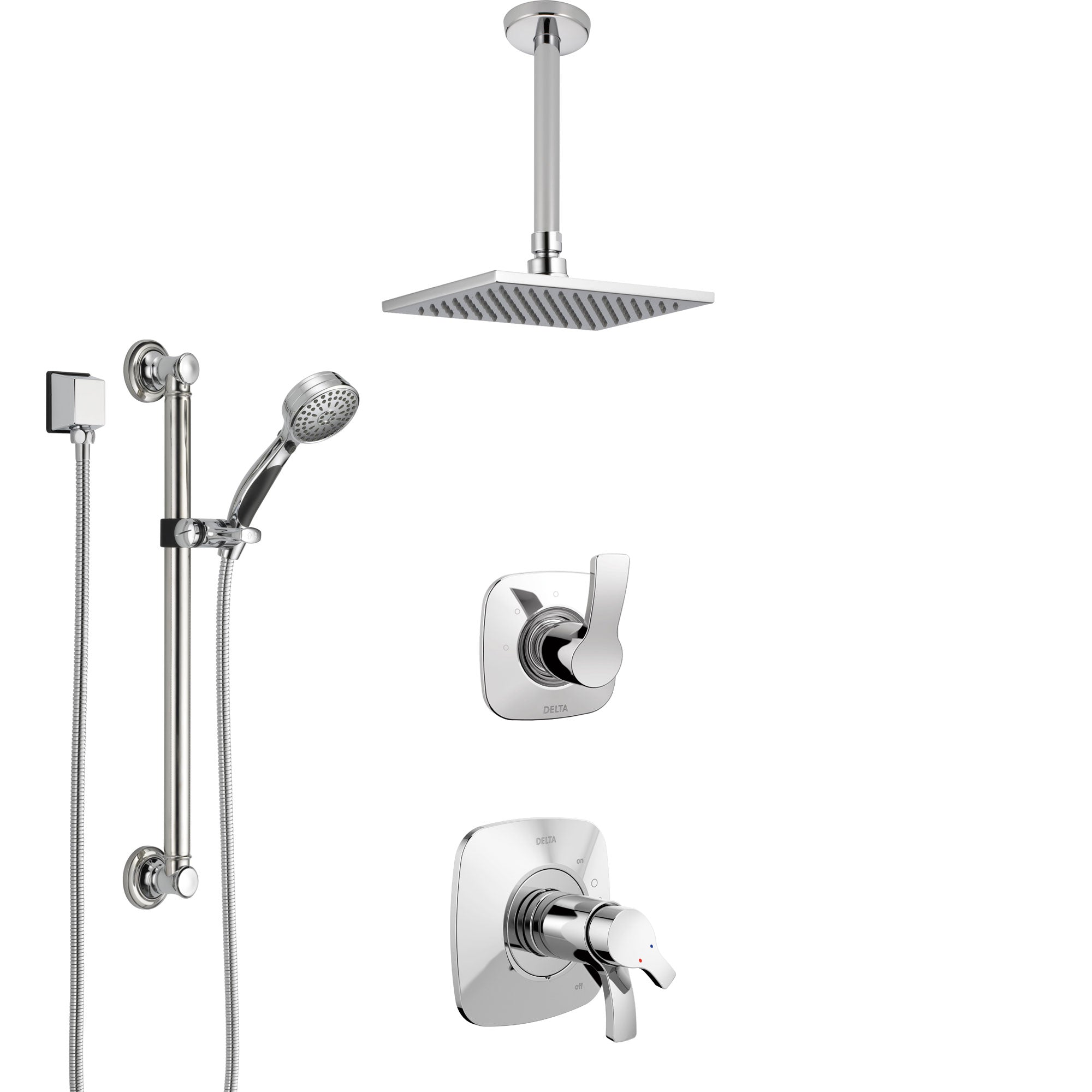 Delta Tesla Chrome Shower System with Dual Thermostatic Control Handle, Diverter, Ceiling Mount Showerhead, and Hand Shower with Grab Bar SS17T5221
