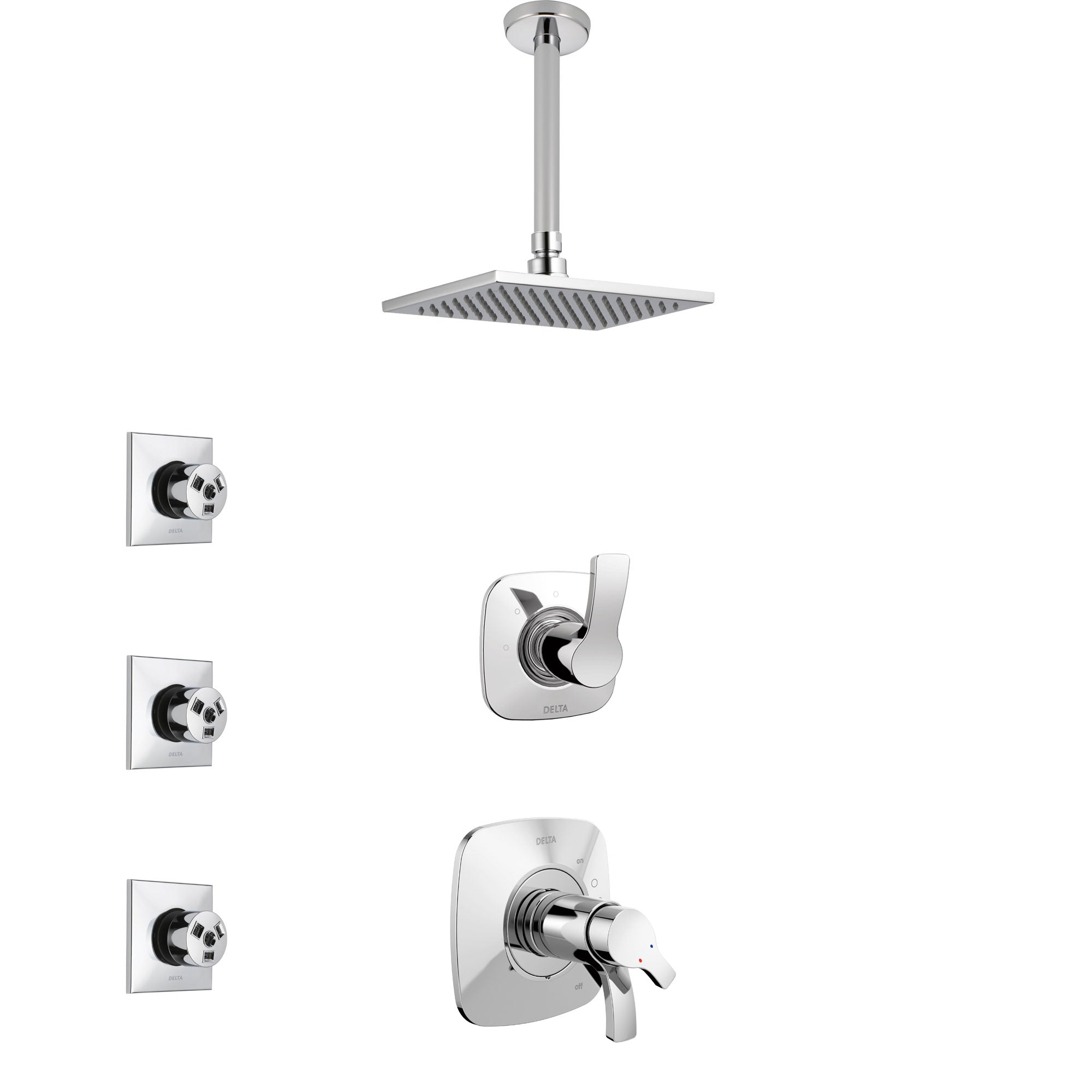 Delta Tesla Chrome Finish Shower System with Dual Thermostatic Control Handle, Diverter, Ceiling Mount Showerhead, and 3 Body Sprays SS17T5223