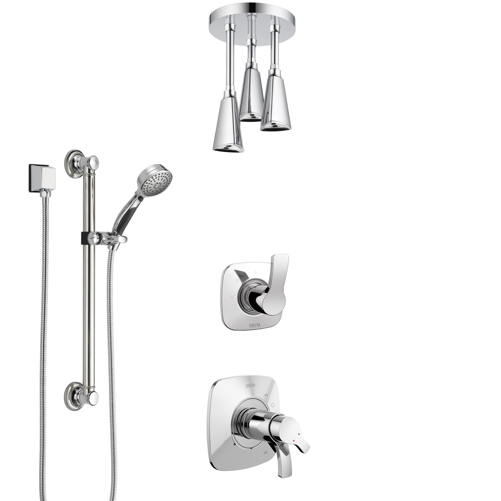Delta Tesla Chrome Shower System with Dual Thermostatic Control Handle, Diverter, Ceiling Mount Showerhead, and Hand Shower with Grab Bar SS17T5225