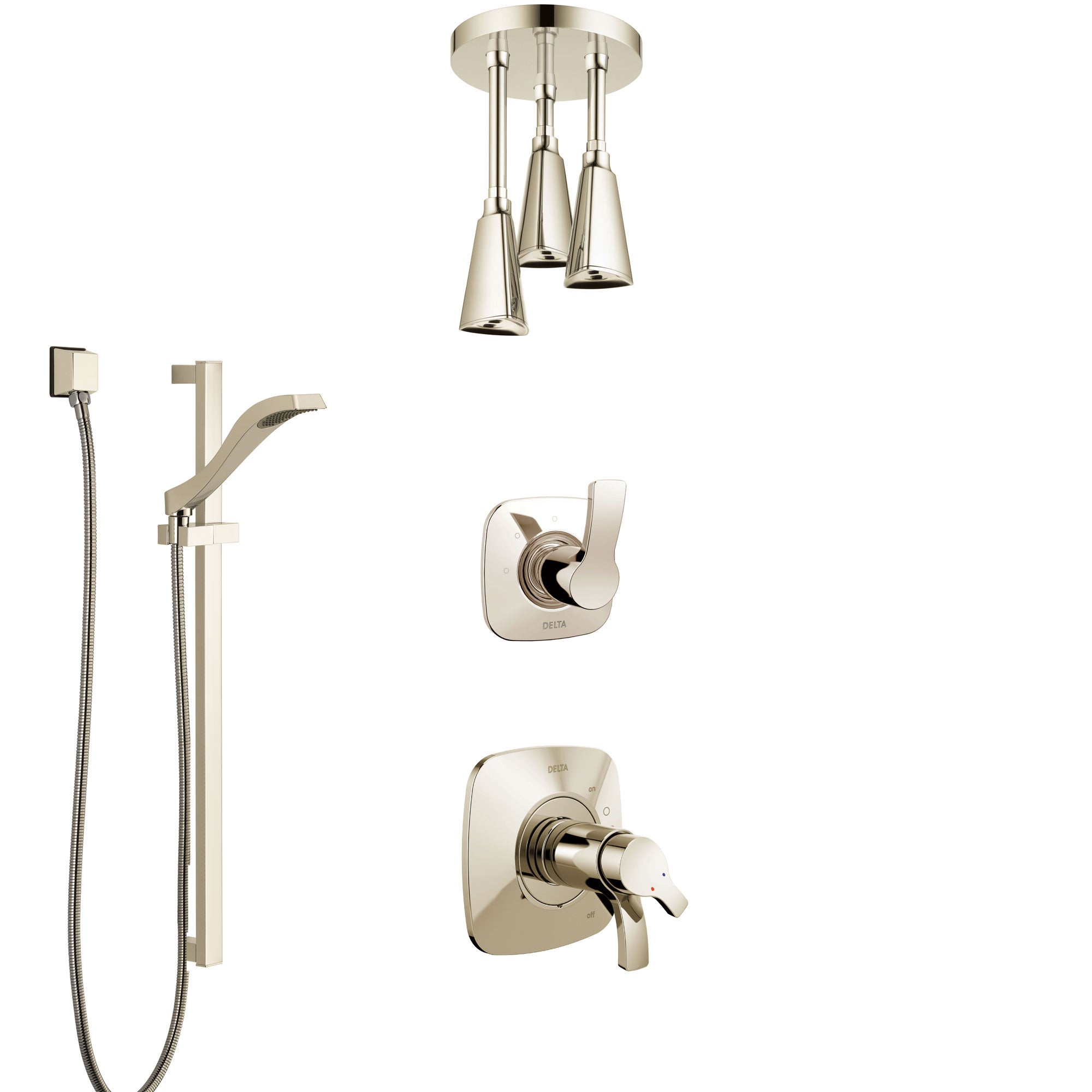 Delta Tesla Polished Nickel Shower System with Dual Thermostatic Control Handle, Diverter, Ceiling Mount Showerhead, and Hand Shower SS17T522PN3