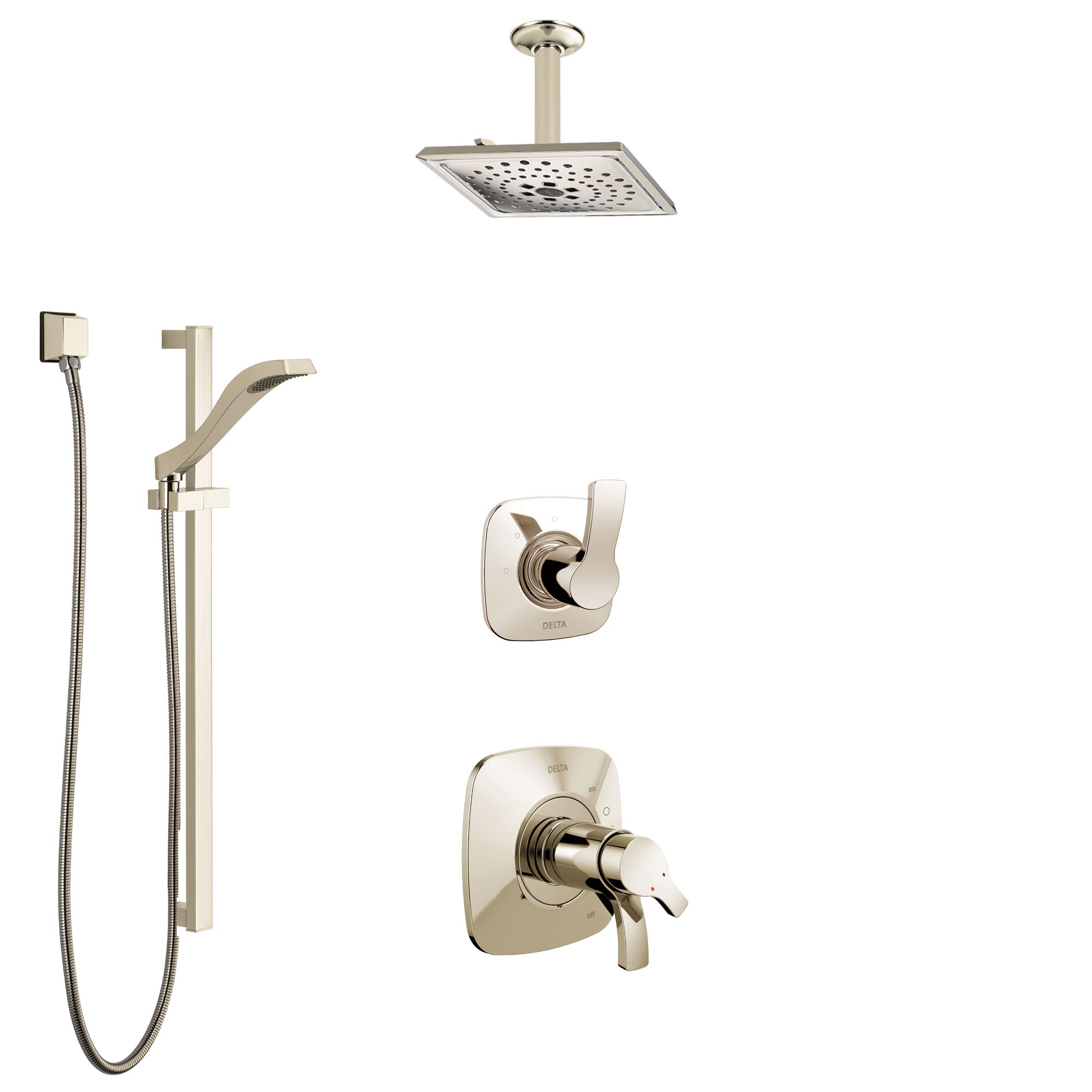 Delta Tesla Polished Nickel Shower System with Dual Thermostatic Control Handle, Diverter, Ceiling Mount Showerhead, and Hand Shower SS17T522PN6