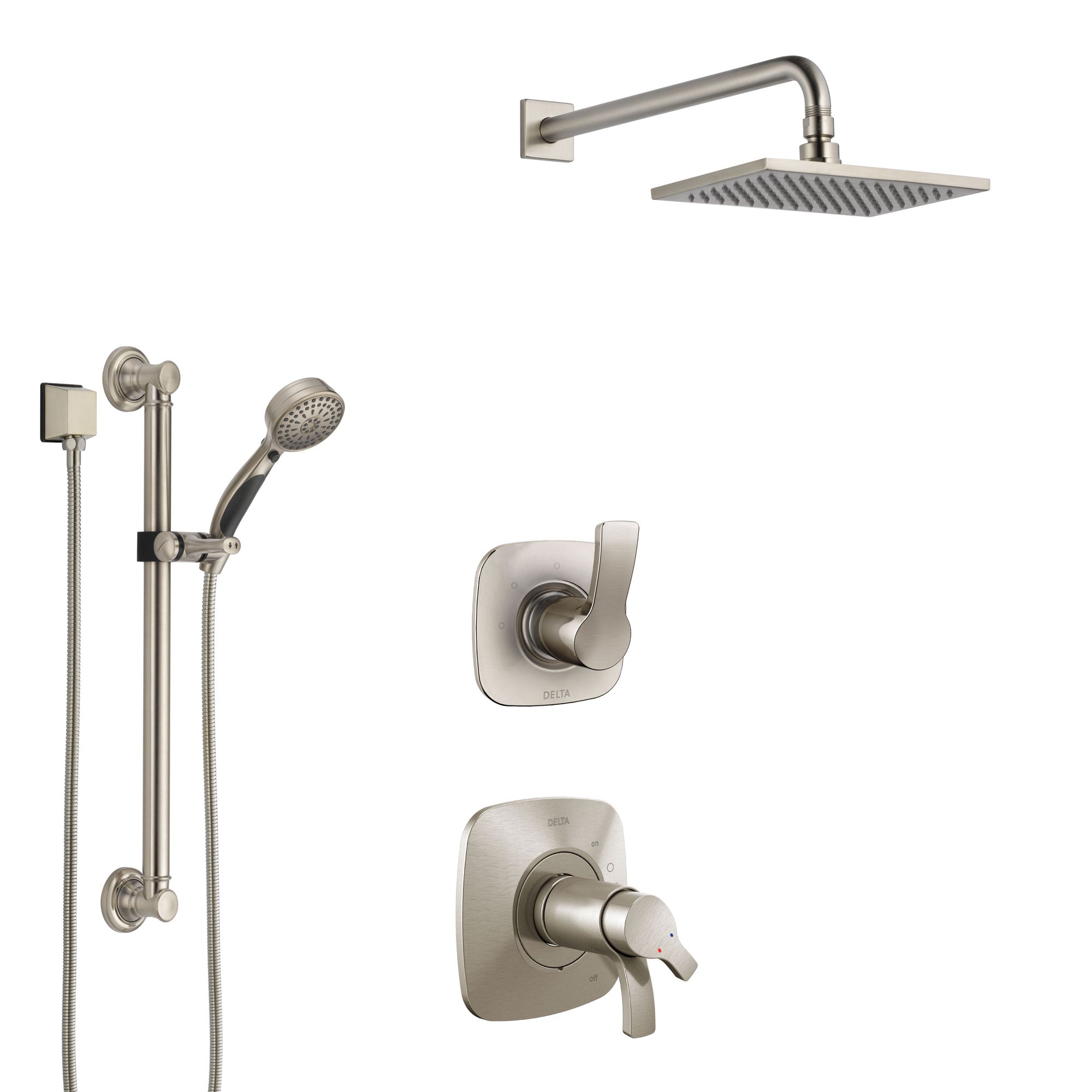 Delta Tesla Dual Thermostatic Control Handle Stainless Steel Finish Shower System, Diverter, Showerhead, and Hand Shower with Grab Bar SS17T522SS2