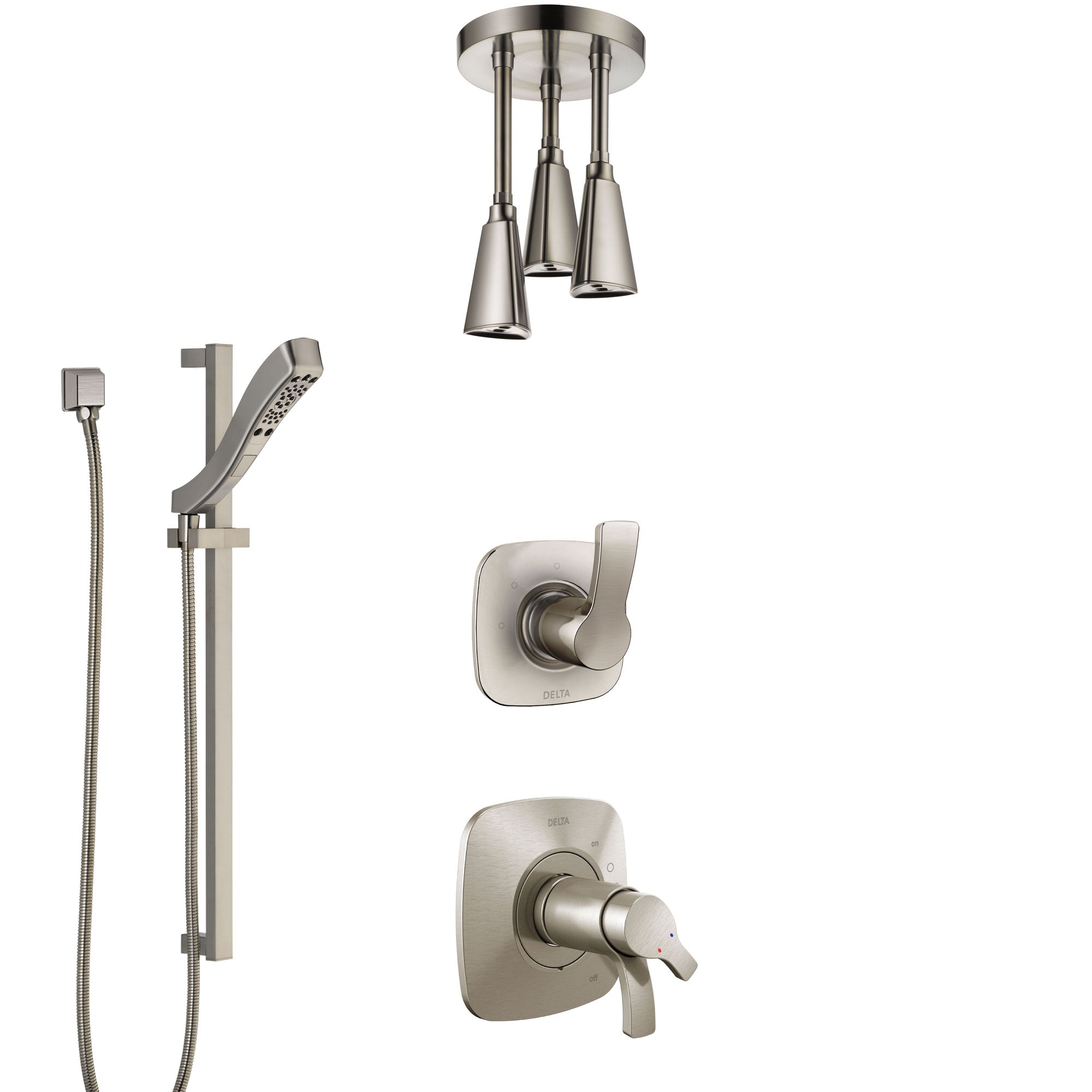 Delta Tesla Dual Thermostatic Control Handle Stainless Steel Finish Shower System, Diverter, Ceiling Mount Showerhead, and Hand Shower SS17T522SS4