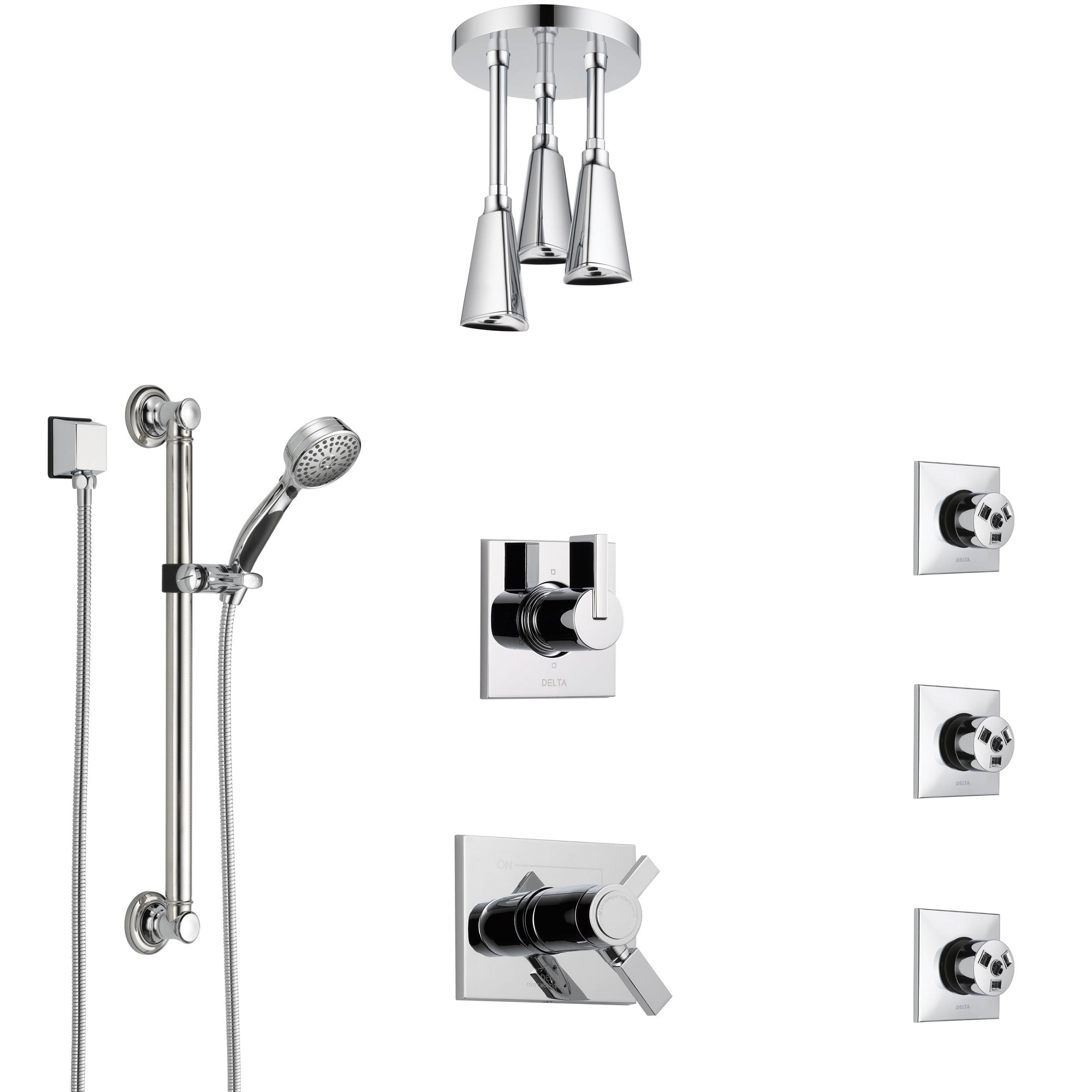Delta Vero Chrome Shower System with Dual Thermostatic Control, Diverter, Ceiling Mount Showerhead, 3 Body Sprays, and Grab Bar Hand Shower SS17T5326