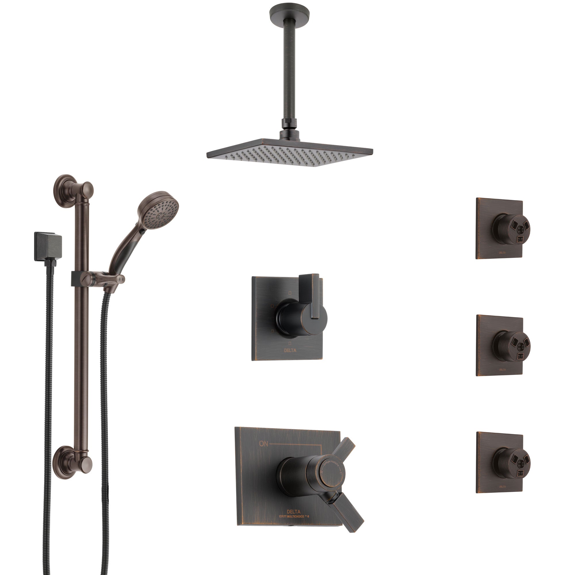 Delta Vero Venetian Bronze Dual Thermostatic Control Shower System, Diverter, Ceiling Showerhead, 3 Body Sprays, and Grab Bar Hand Spray SS17T532RB2