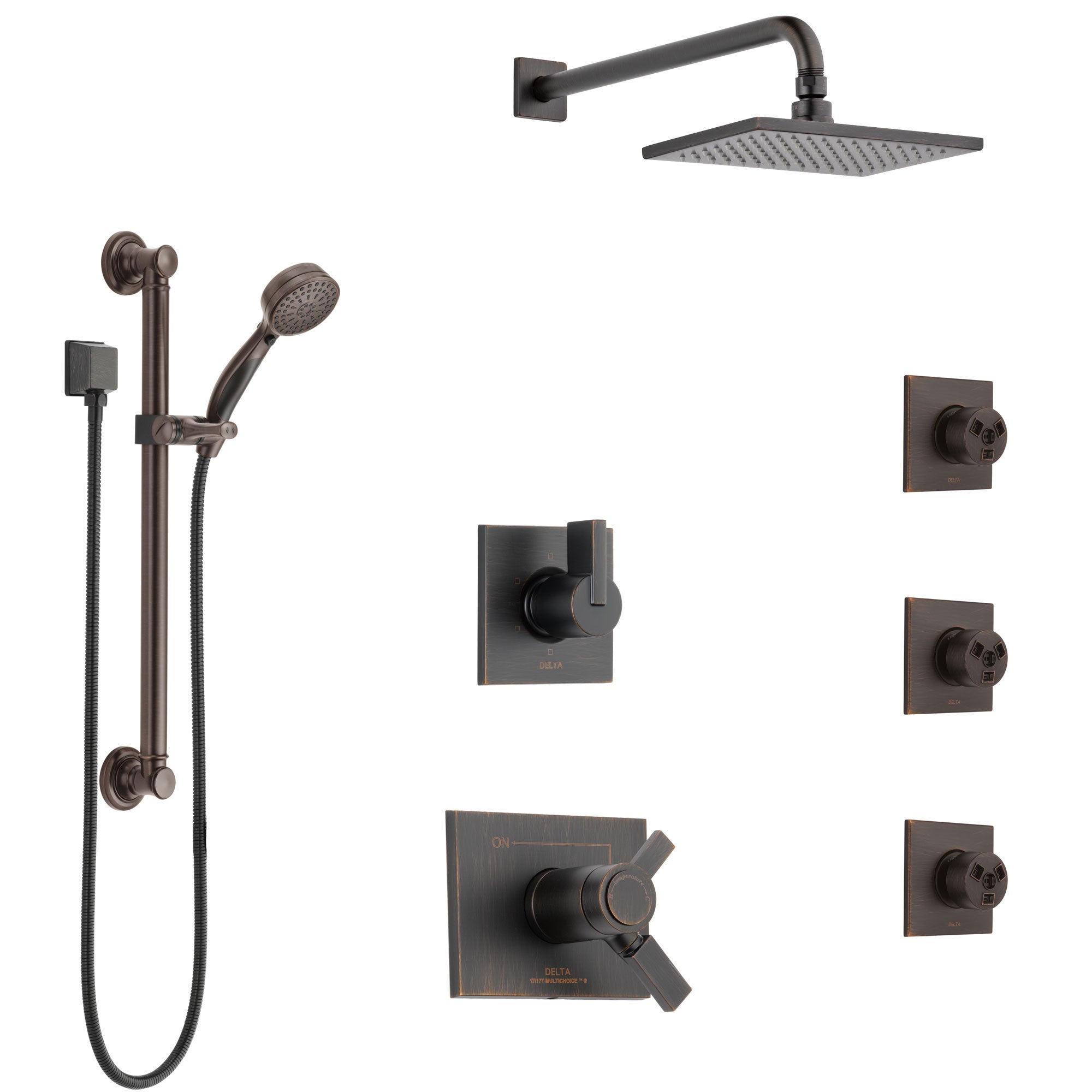 Delta Vero Venetian Bronze Shower System with Dual Thermostatic Control, Diverter, Showerhead, 3 Body Sprays, and Grab Bar Hand Shower SS17T532RB3