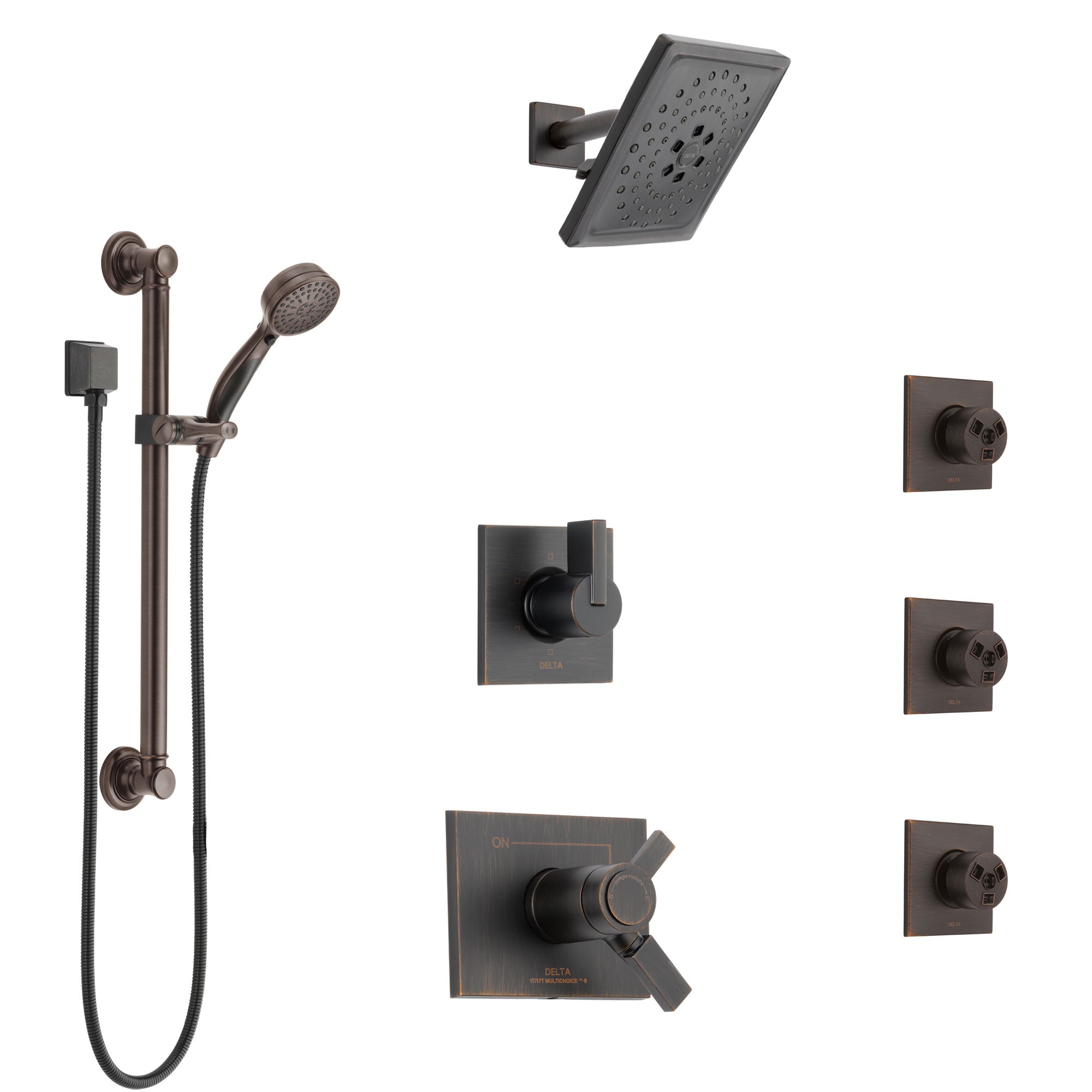 Delta Vero Venetian Bronze Shower System with Dual Thermostatic Control, Diverter, Showerhead, 3 Body Sprays, and Grab Bar Hand Shower SS17T532RB4
