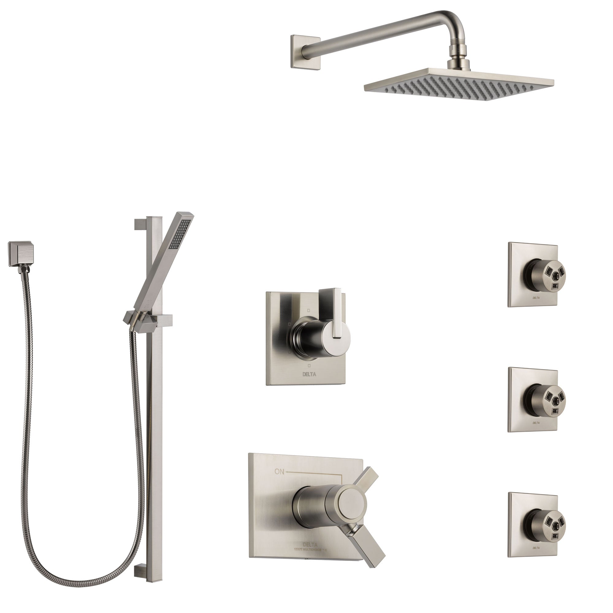 Delta Vero Dual Thermostatic Control Stainless Steel Finish Shower System, 6-Setting Diverter, Showerhead, 3 Body Sprays, and Hand Shower SS17T532SS6