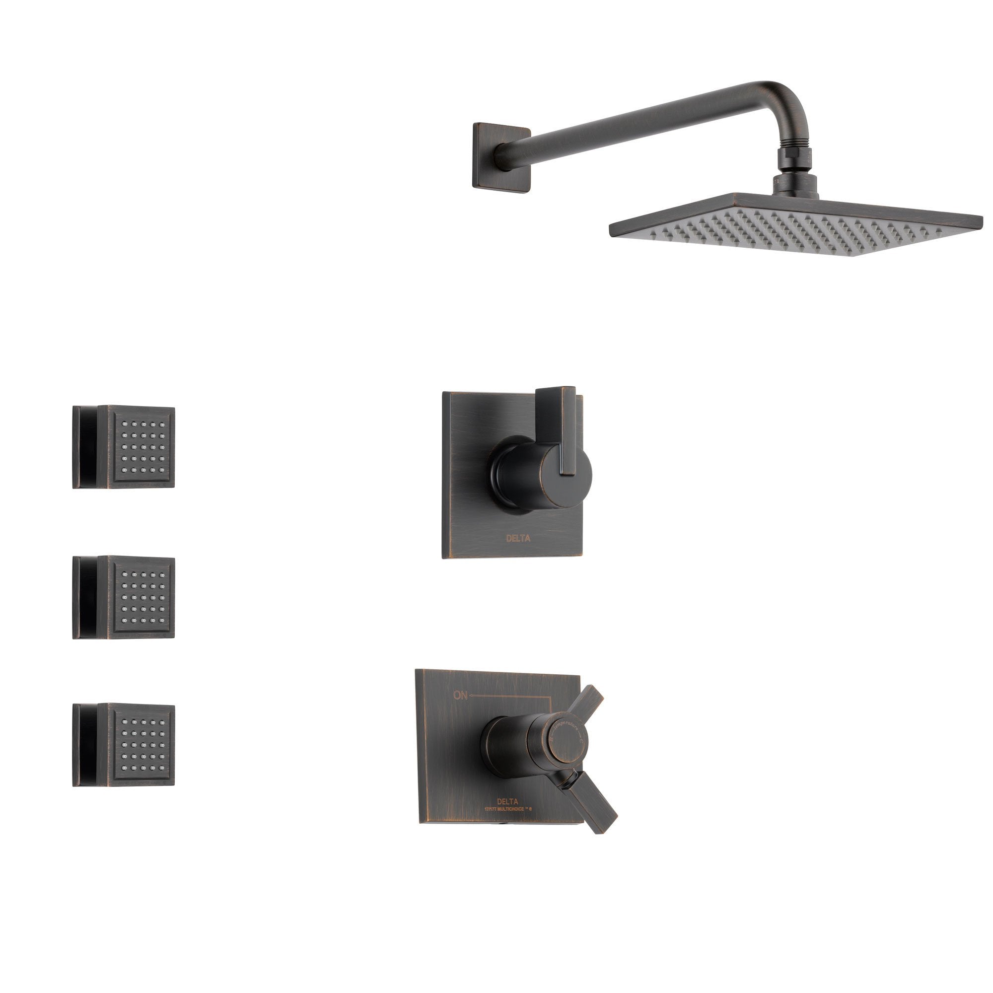 Delta Vero Venetian Bronze Shower System with Thermostatic Shower Handle, 3-setting Diverter, Large Square Modern Rain Showerhead, and 3 Body Sprays SS17T5381RB