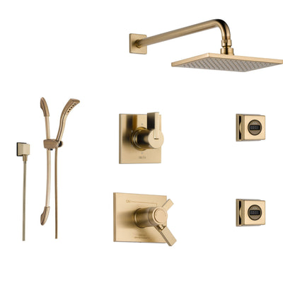 Delta Vero Champagne Bronze Shower System with Thermostatic Shower Handle, 6-setting Diverter, Modern Square Large Rain Showerhead, Handheld Shower, and 2 Body Sprays SS17T5391CZ