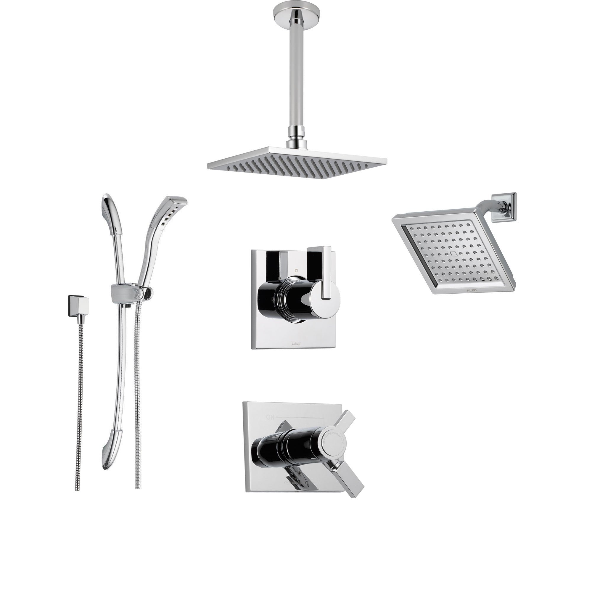 Delta Vero Chrome Shower System with Thermostatic Shower Handle, 6-setting Diverter, Large Square Ceiling Mount Showerhead, Modern Wall Mount Showerhead, and Handheld Shower SS17T5392