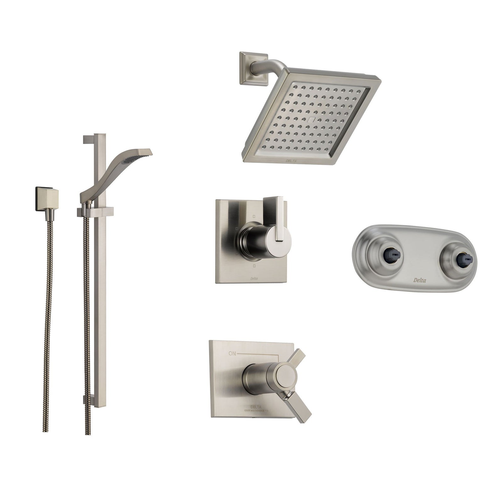 Delta Vero Stainless Steel Shower System with Thermostatic Shower Handle, 6-setting Diverter, Modern Square Showerhead, Handheld Shower, and Dual Body Spray Plate SS17T5394SS