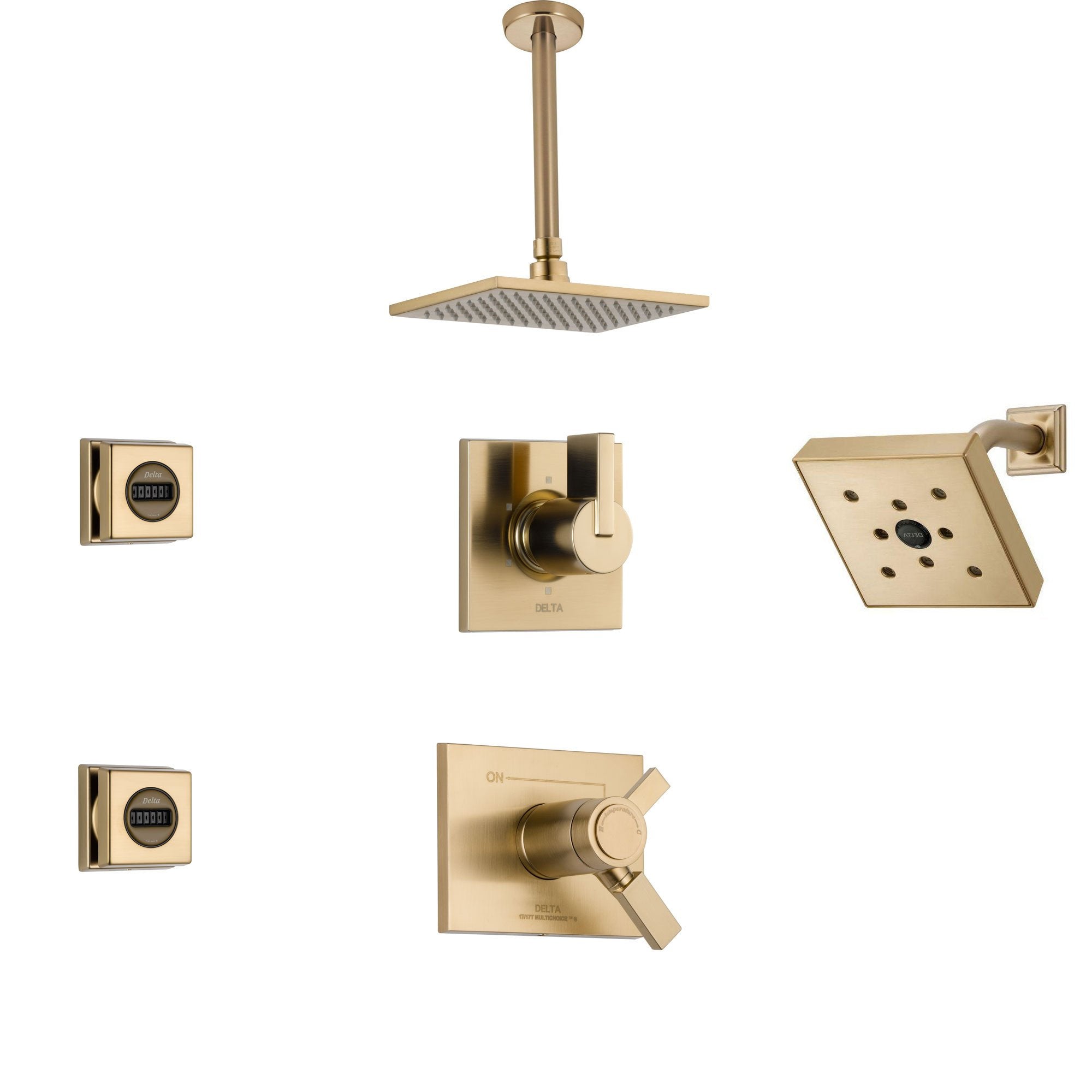 Delta Vero Champagne Bronze Shower System with Thermostatic Shower Handle, 6-setting Diverter, Modern Square Ceiling Mount Showerhead, Wall Mount Showerhead, and 2 Body Sprays SS17T5395CZ
