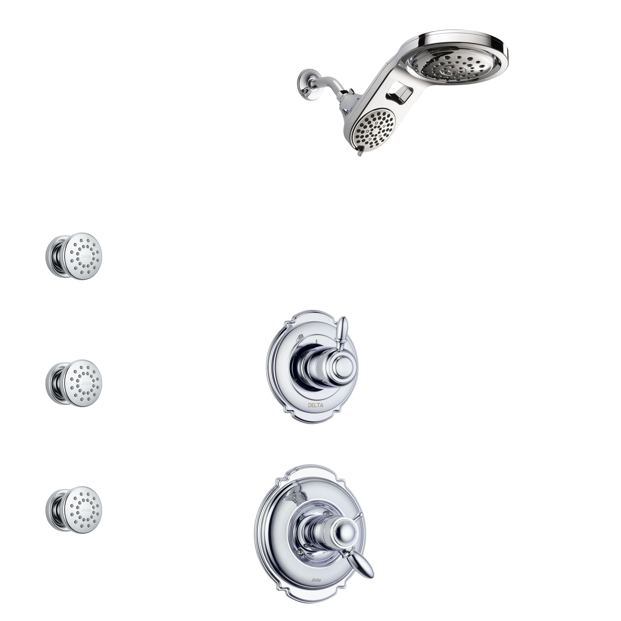 Delta Victorian Chrome Finish Shower System with Dual Thermostatic Control Handle, 3-Setting Diverter, Dual Showerhead, and 3 Body Sprays SS17T5513