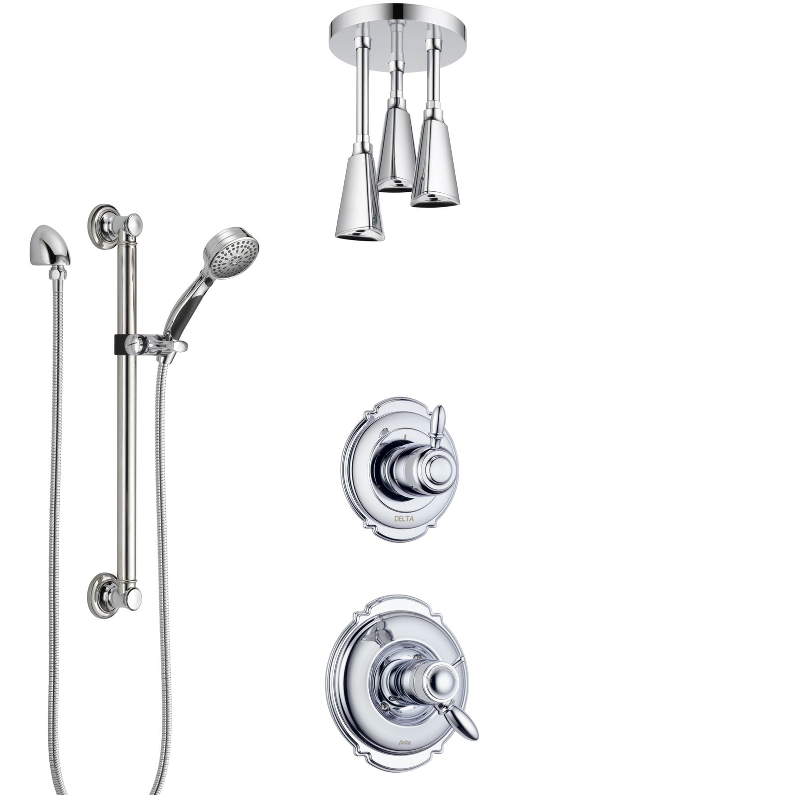 Delta Victorian Chrome Shower System with Dual Thermostatic Control, Diverter, Ceiling Mount Showerhead, and Hand Shower with Grab Bar SS17T5516