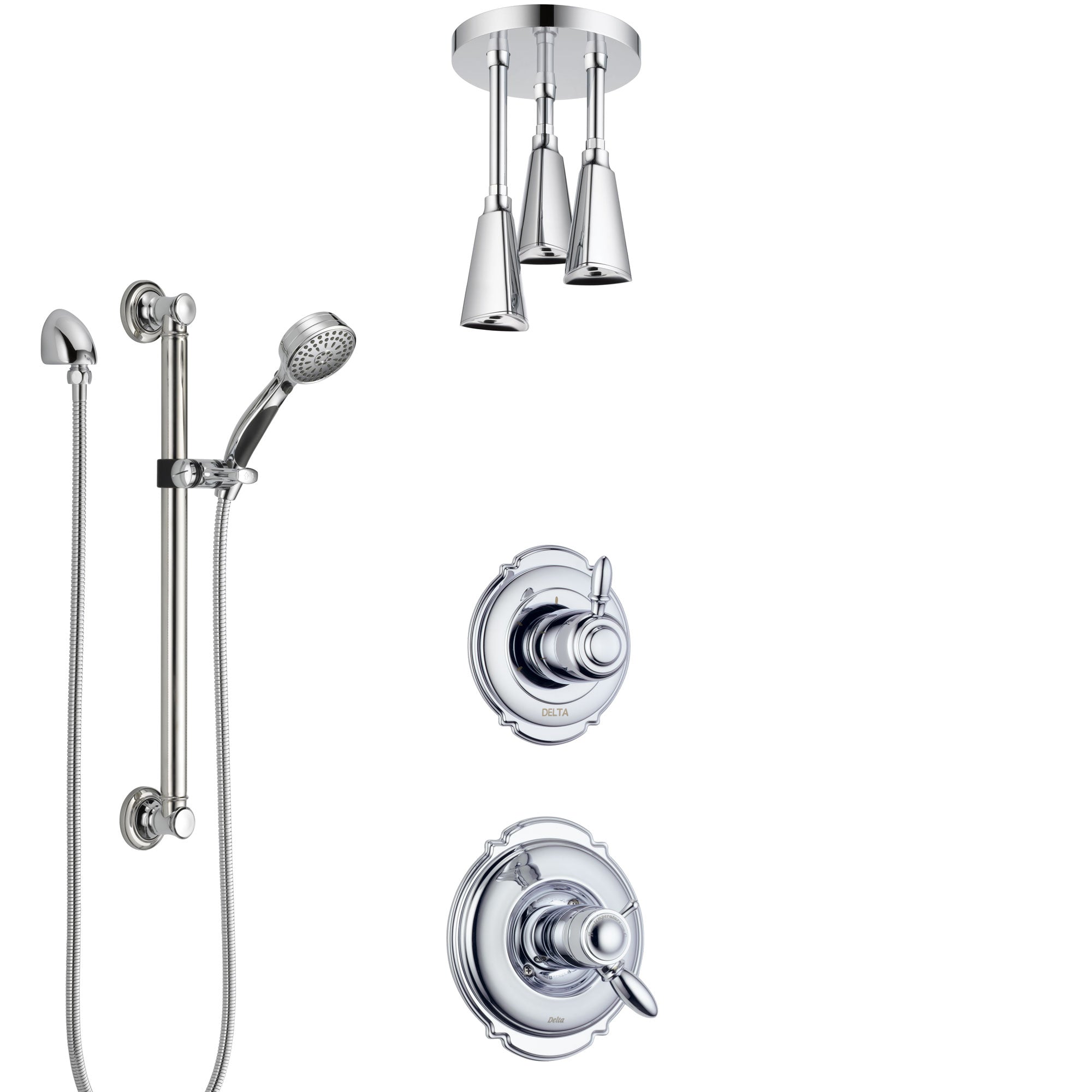 Delta Victorian Chrome Shower System with Dual Thermostatic Control, Diverter, Ceiling Mount Showerhead, and Hand Shower with Grab Bar SS17T5516