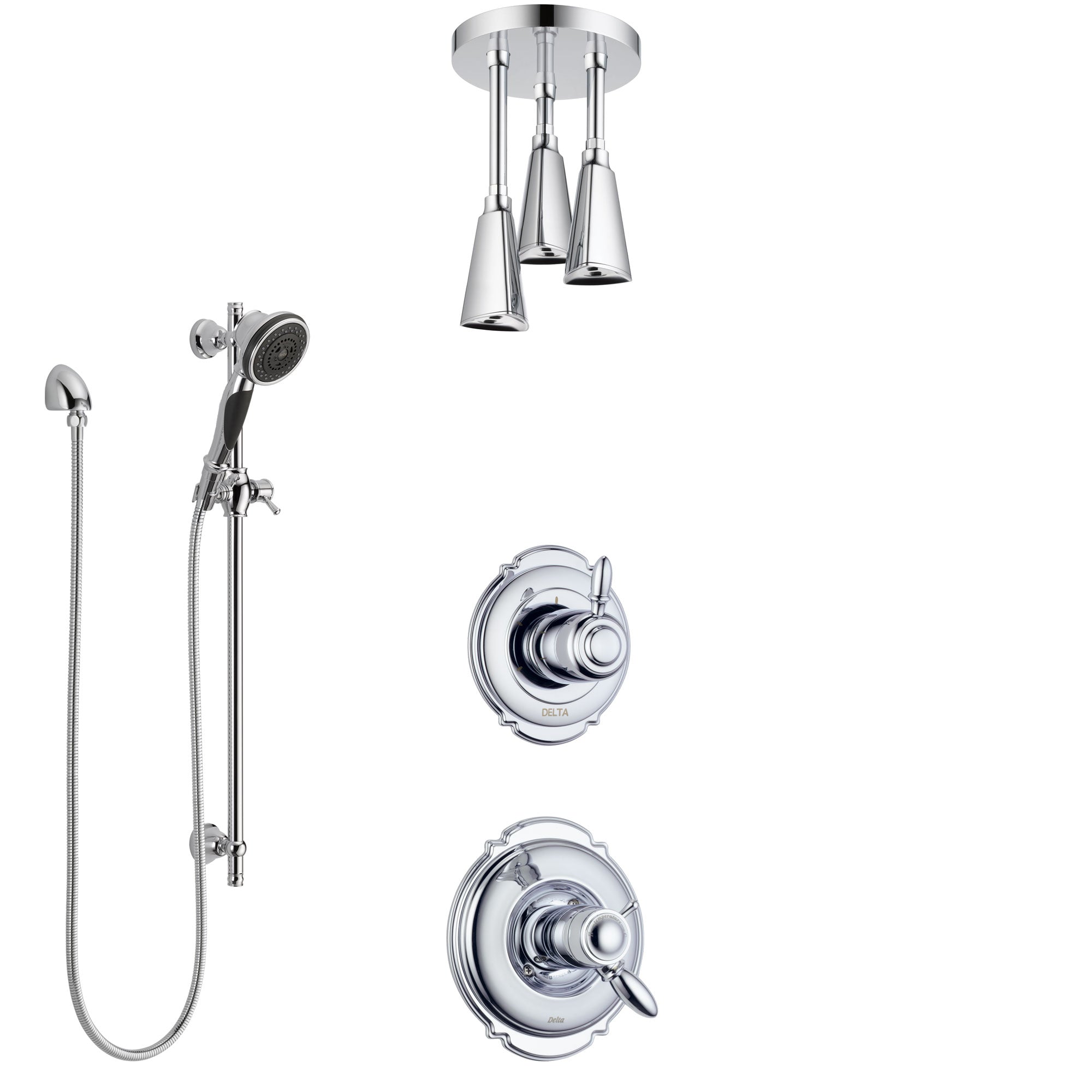 Delta Victorian Chrome Finish Shower System with Dual Thermostatic Control Handle, Diverter, Ceiling Mount Showerhead, and Hand Shower SS17T5517