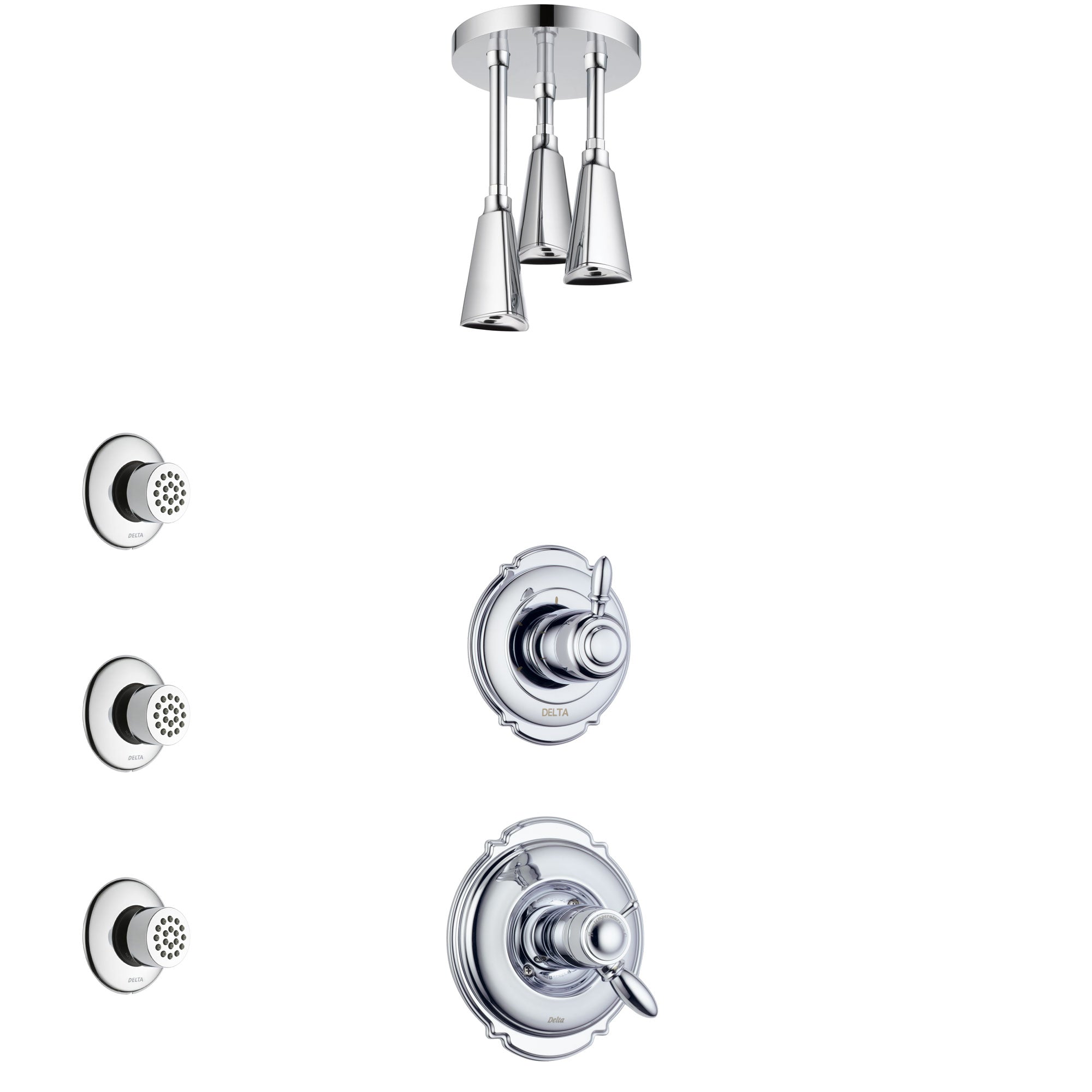 Delta Victorian Chrome Finish Shower System with Dual Thermostatic Control Handle, Diverter, Ceiling Mount Showerhead, and 3 Body Sprays SS17T5518