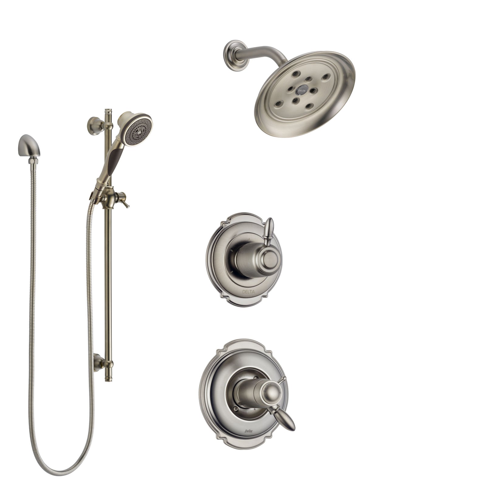 Delta Victorian Dual Thermostatic Control Handle Stainless Steel Finish Shower System, Diverter, Showerhead, and Hand Shower with Slidebar SS17T551SS7