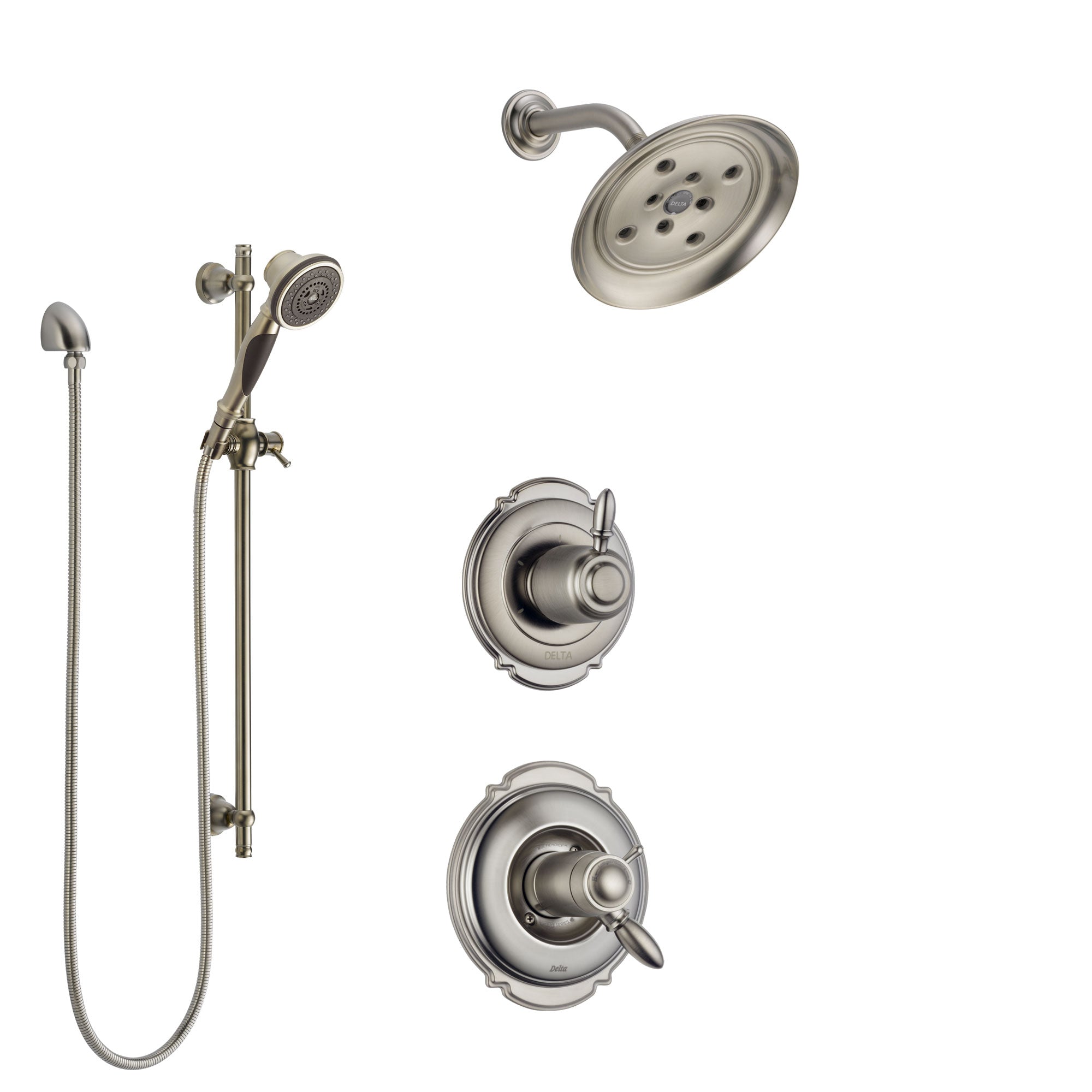 Delta Victorian Dual Thermostatic Control Handle Stainless Steel Finish Shower System, Diverter, Showerhead, and Hand Shower with Slidebar SS17T551SS7