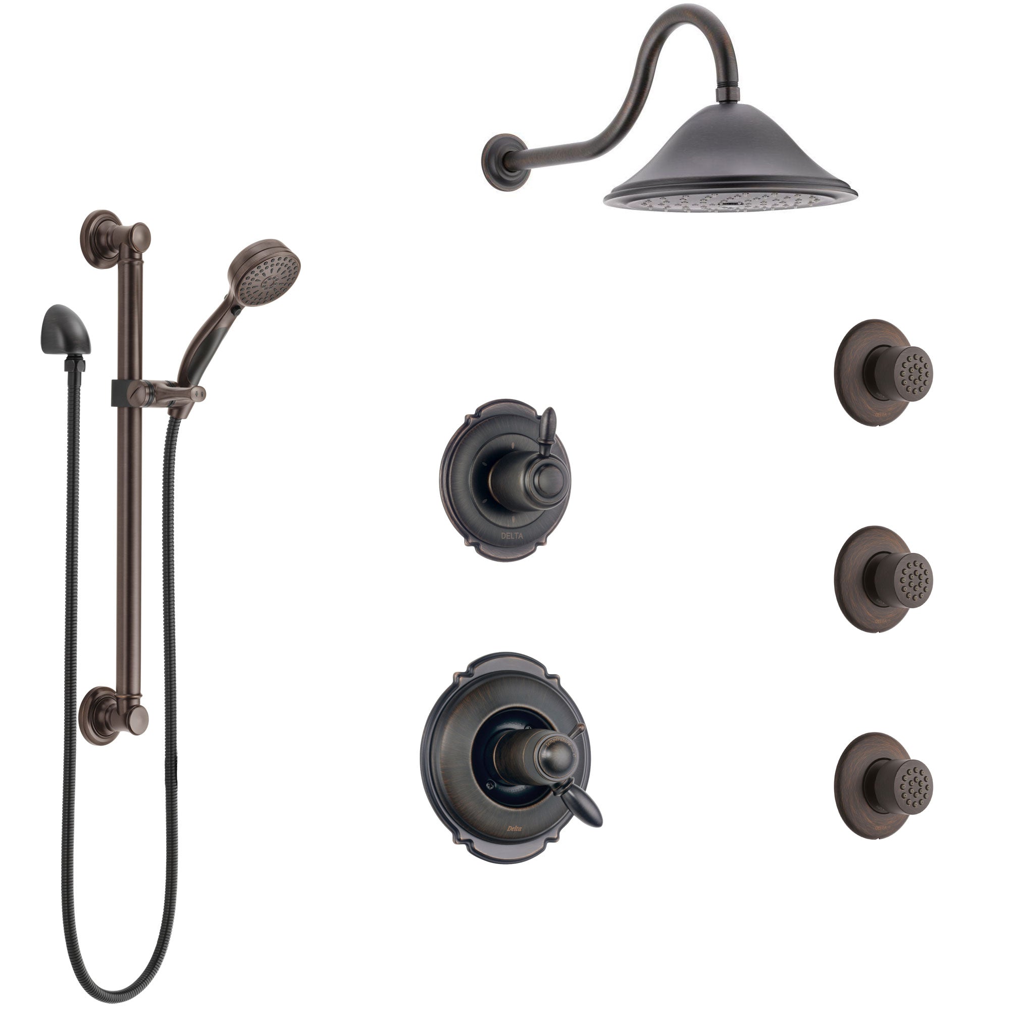 Delta Victorian Venetian Bronze Shower System with Dual Thermostatic Control, Diverter, Showerhead, 3 Body Sprays, and Grab Bar Hand Spray SS17T552RB1
