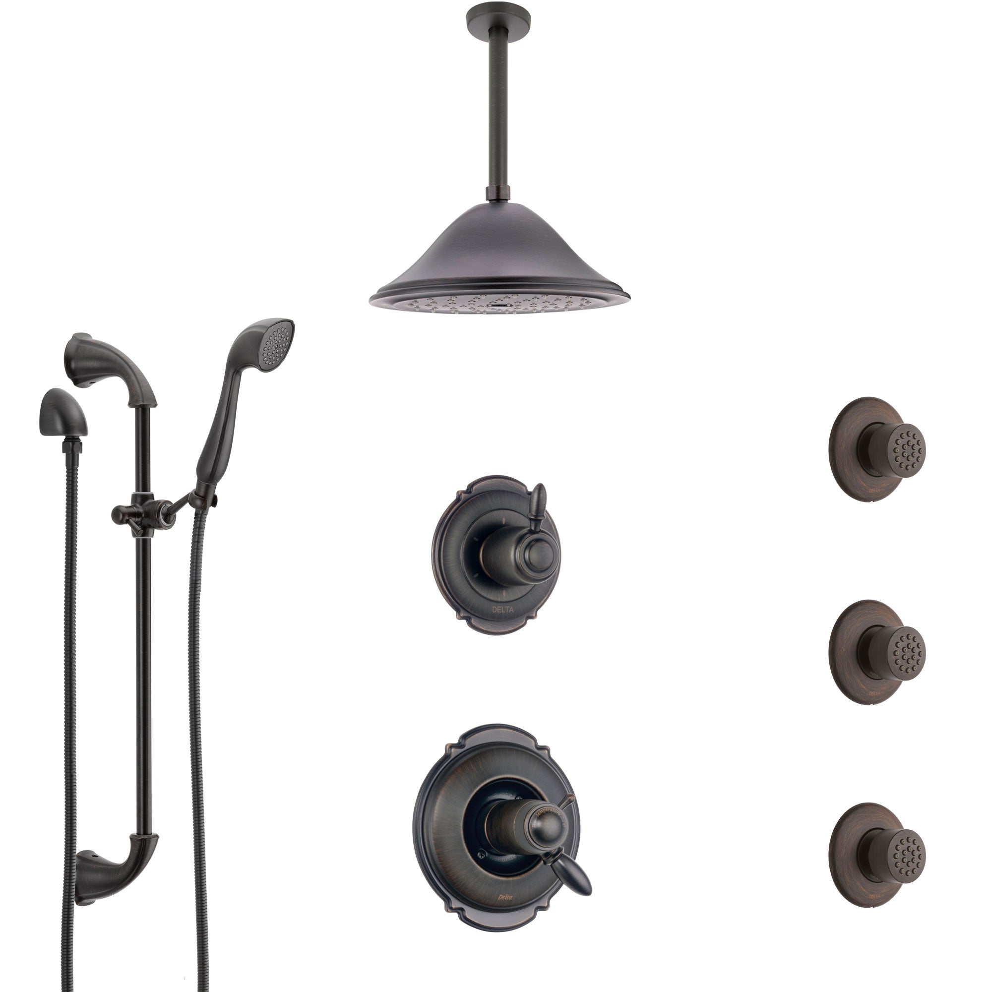 Delta Victorian Venetian Bronze Shower System with Dual Thermostatic Control, Diverter, Ceiling Showerhead, 3 Body Sprays, and Hand Shower SS17T552RB5