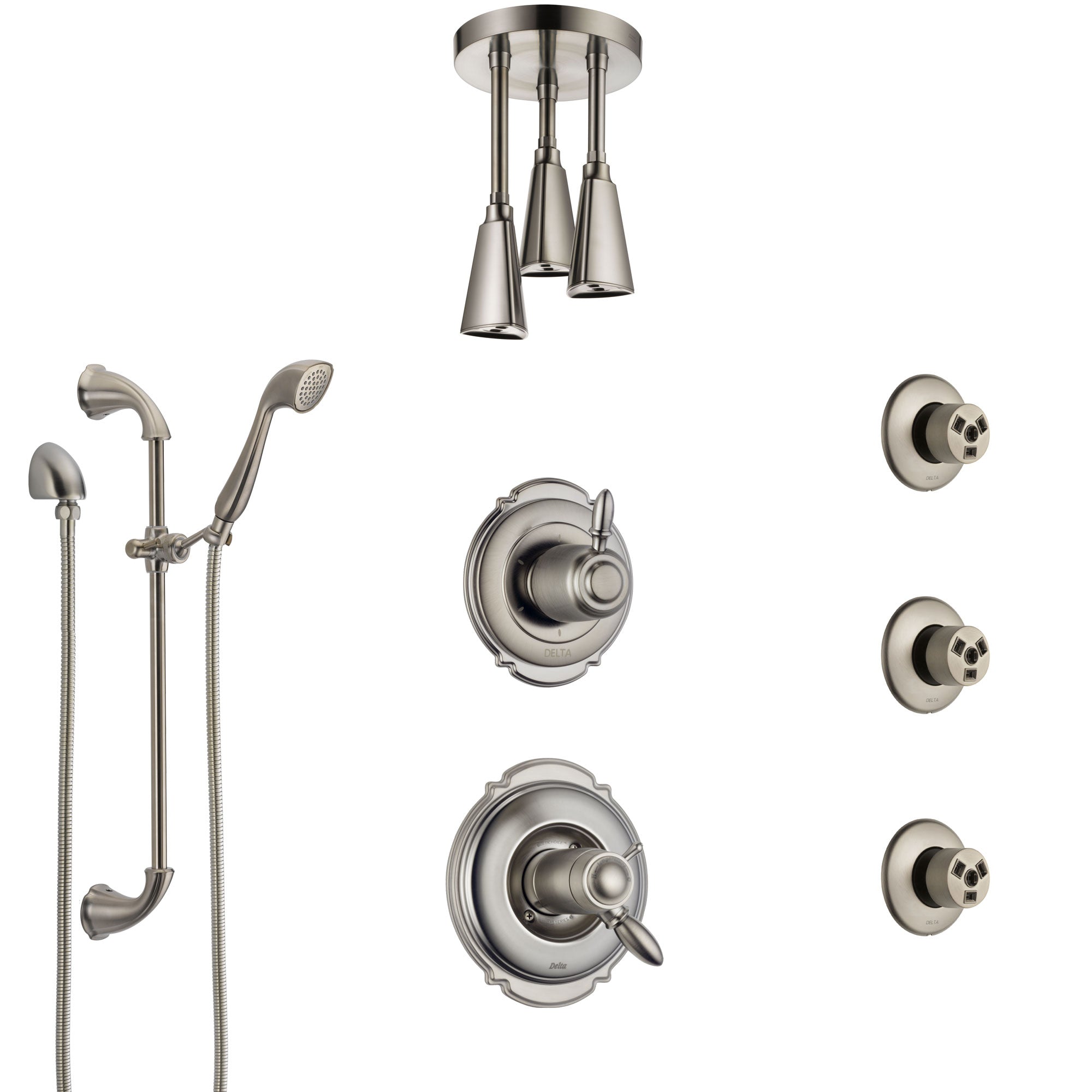 Delta Victorian Dual Thermostatic Control Stainless Steel Finish Shower System, Diverter, Ceiling Showerhead, 3 Body Sprays, Hand Spray SS17T552SS3