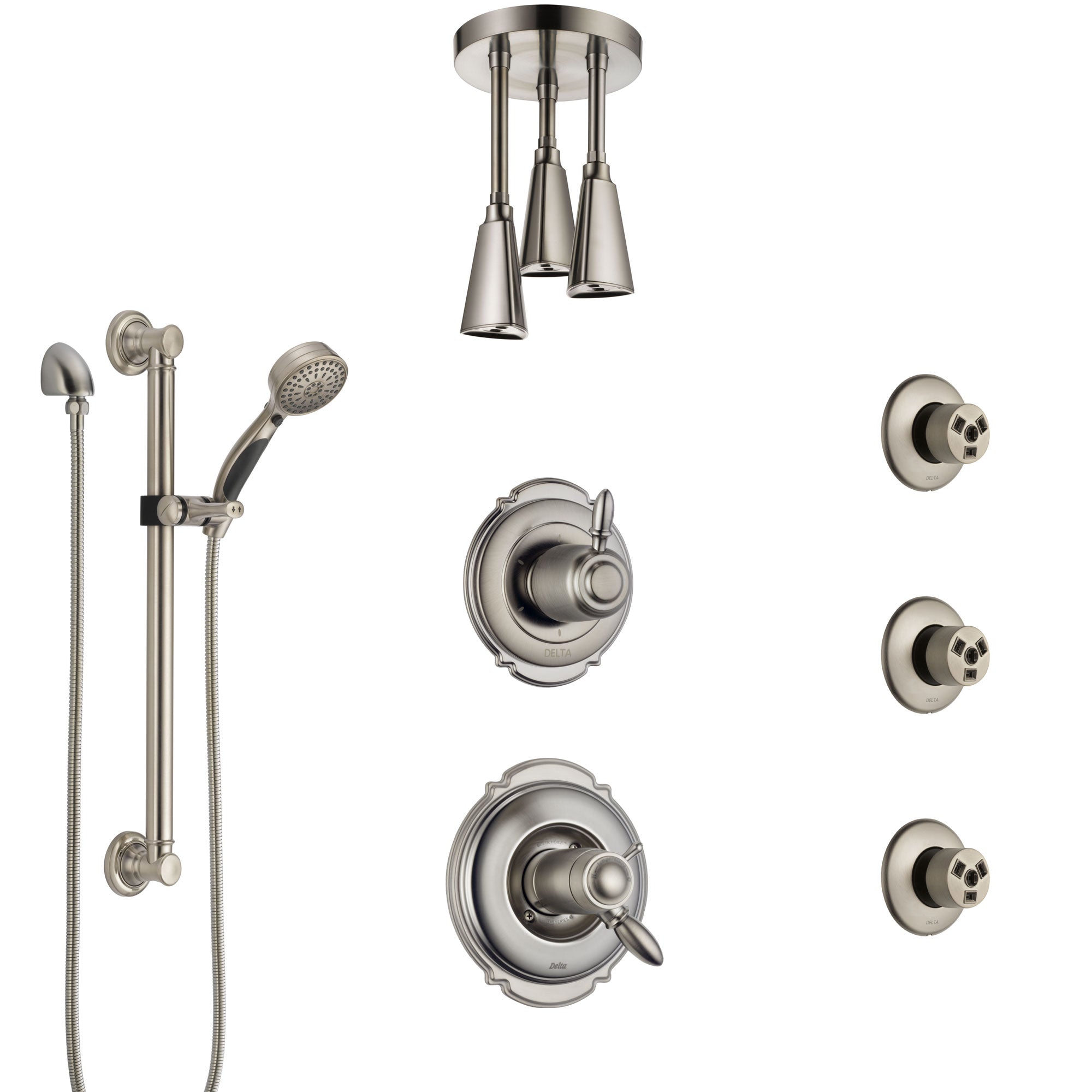 Delta Victorian Dual Thermostatic Control Stainless Steel Finish Shower System with Ceiling Showerhead, 3 Body Jets, Grab Bar Hand Spray SS17T552SS4