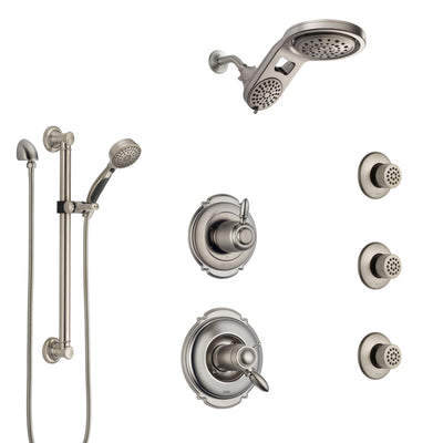 Delta Victorian Dual Thermostatic Control Stainless Steel Finish Shower System with Dual Showerhead, 3 Body Jets, Grab Bar Hand Spray SS17T552SS5
